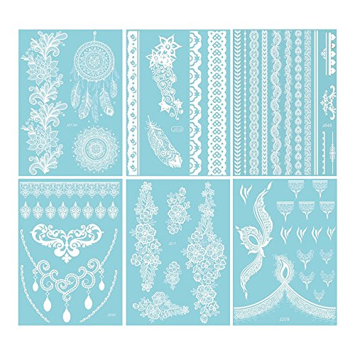 6 Sheets White Henna Temporary Tattoo Stickers Henna Body Paints for Summer/Wedding/Beach Women & Girls Design (Flower)