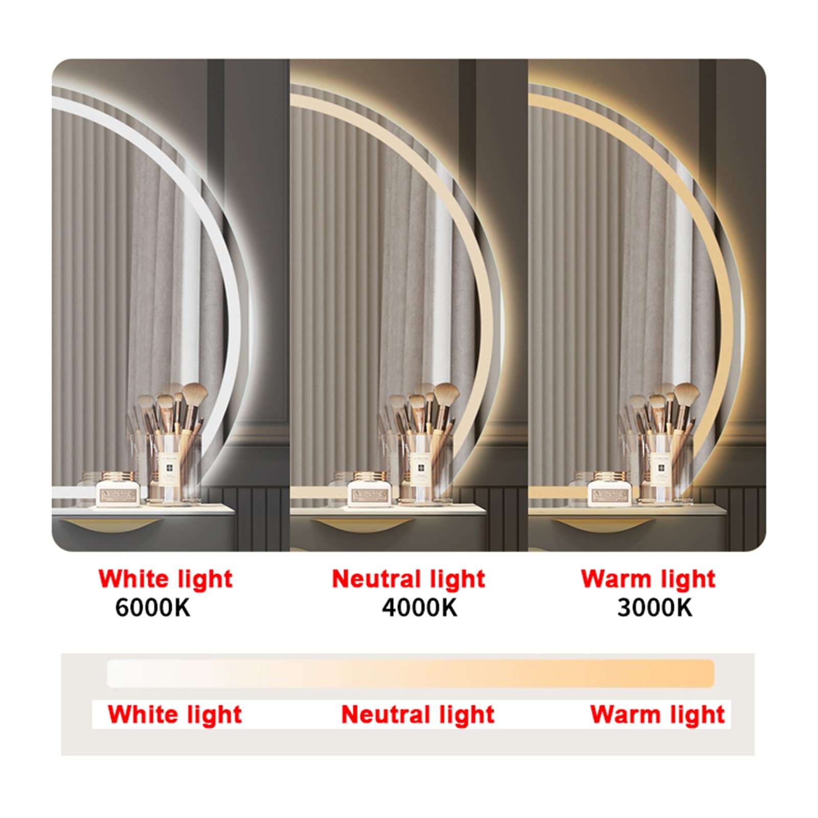 Specchio da parete semicircolare irregolare a LED, specchio da bagno senza cornice con 3000K/4000K/6000K regolabile, pulsante Smart Touch, specchio per trucco illuminato dimmerabile continuo