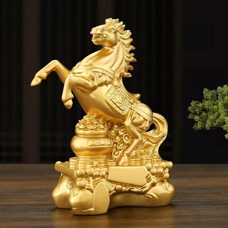Golden Horse Feng Shui Figurine, Chinese Zodiac Wealth Symbol with Coin and Treasure Base, for Luck, Prosperity, and Success