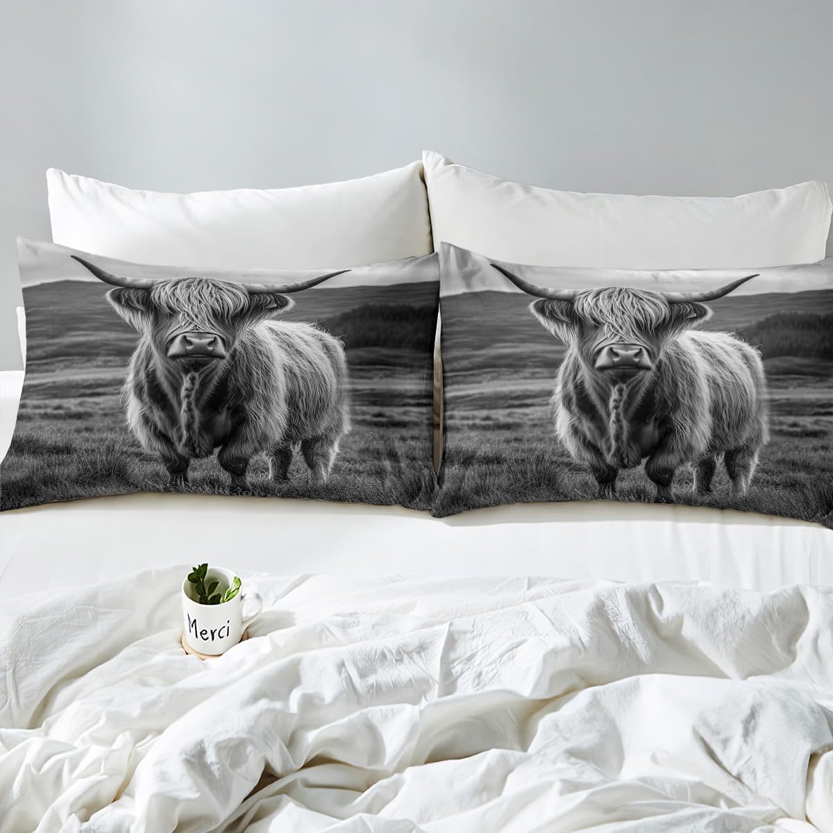 Erosebridal Highland Cow Fitted Sheet Twin, Grey Cattle Bedding Set, Farmhouse Milk Cow Bed Cover, Wild Animals Bedroom Living Room Decor, Gray