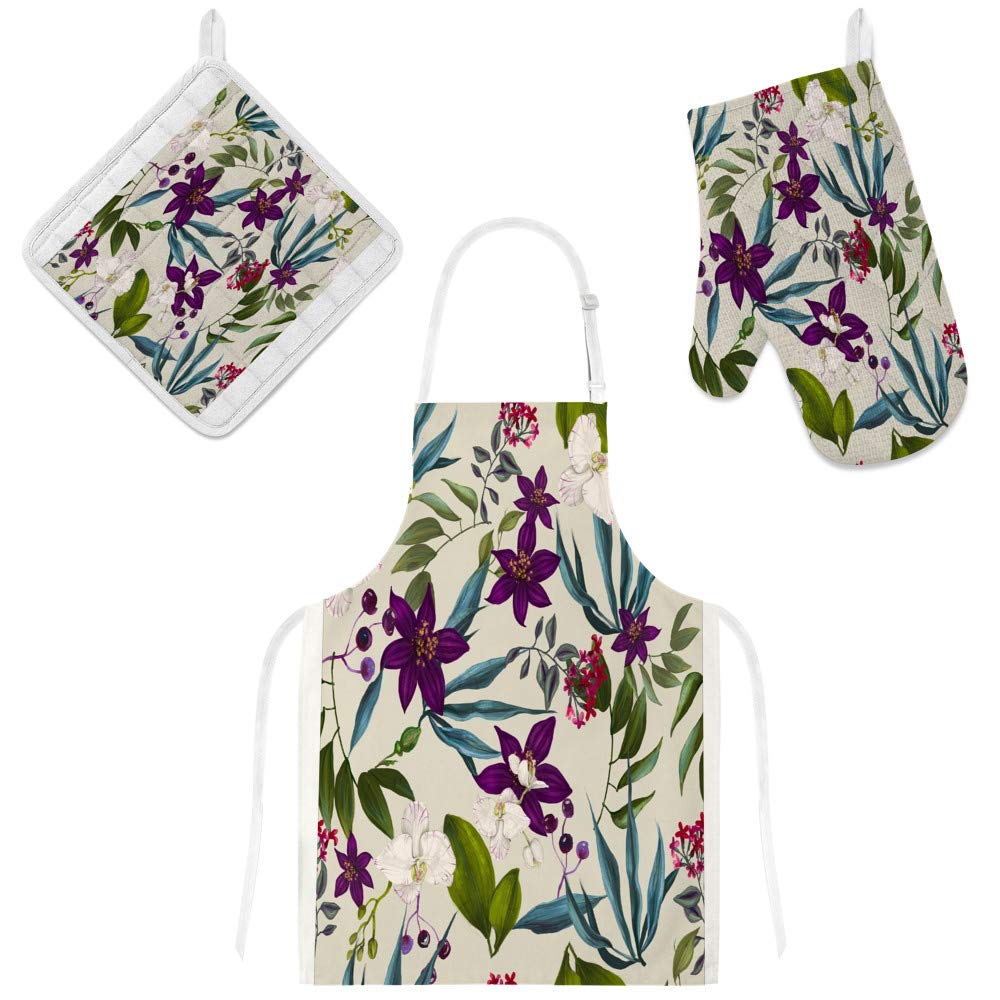 Tablier de cuisine 3 pièces à motif floral exotique, une idée cadeau surprise idéale