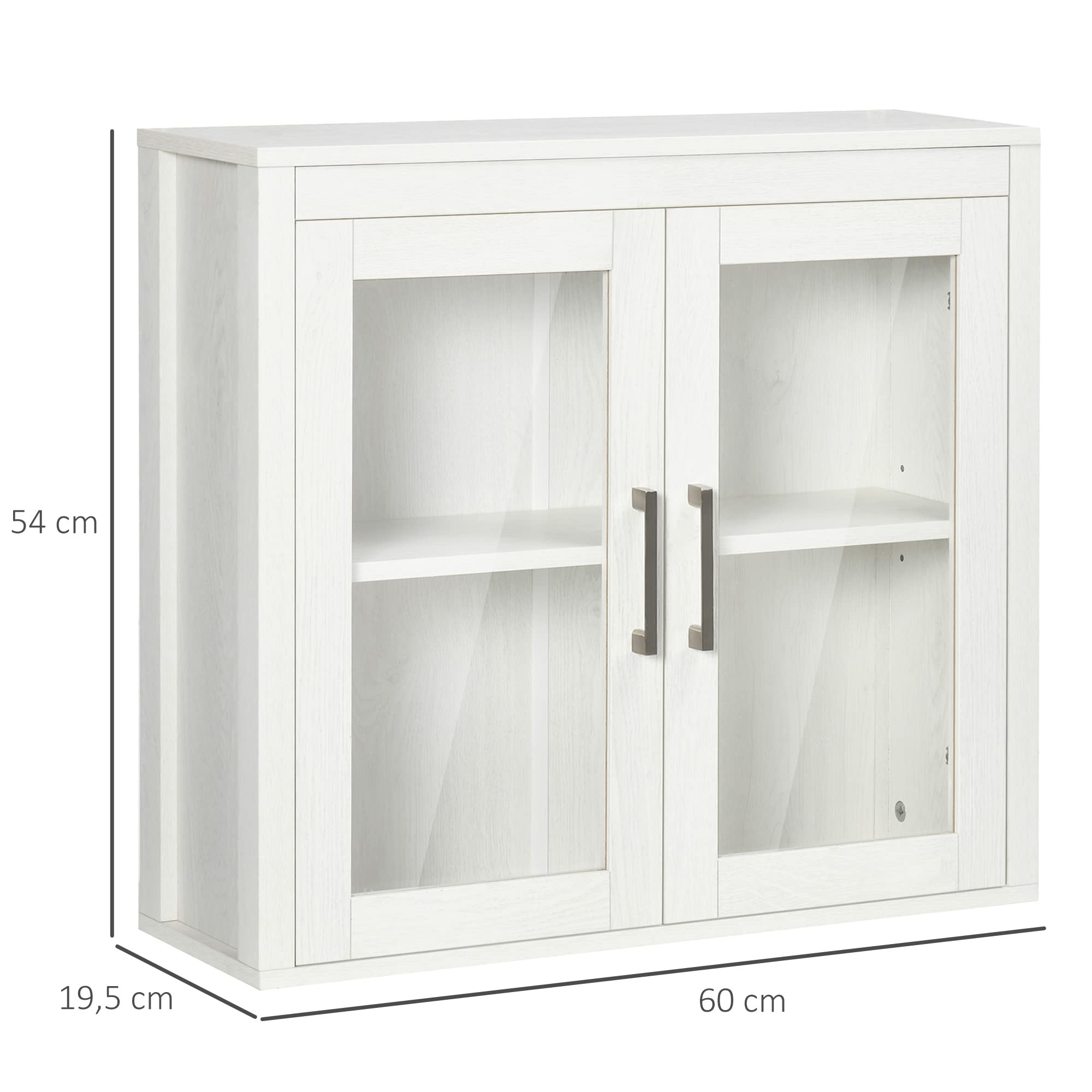 kleankin Armadietto da parete per bagno con 2 ante in vetro e ripiano regolabile Armadietto da bagno sospeso per cucina camera da letto toilette stile moderno 60x19,5x54 cm Bianco