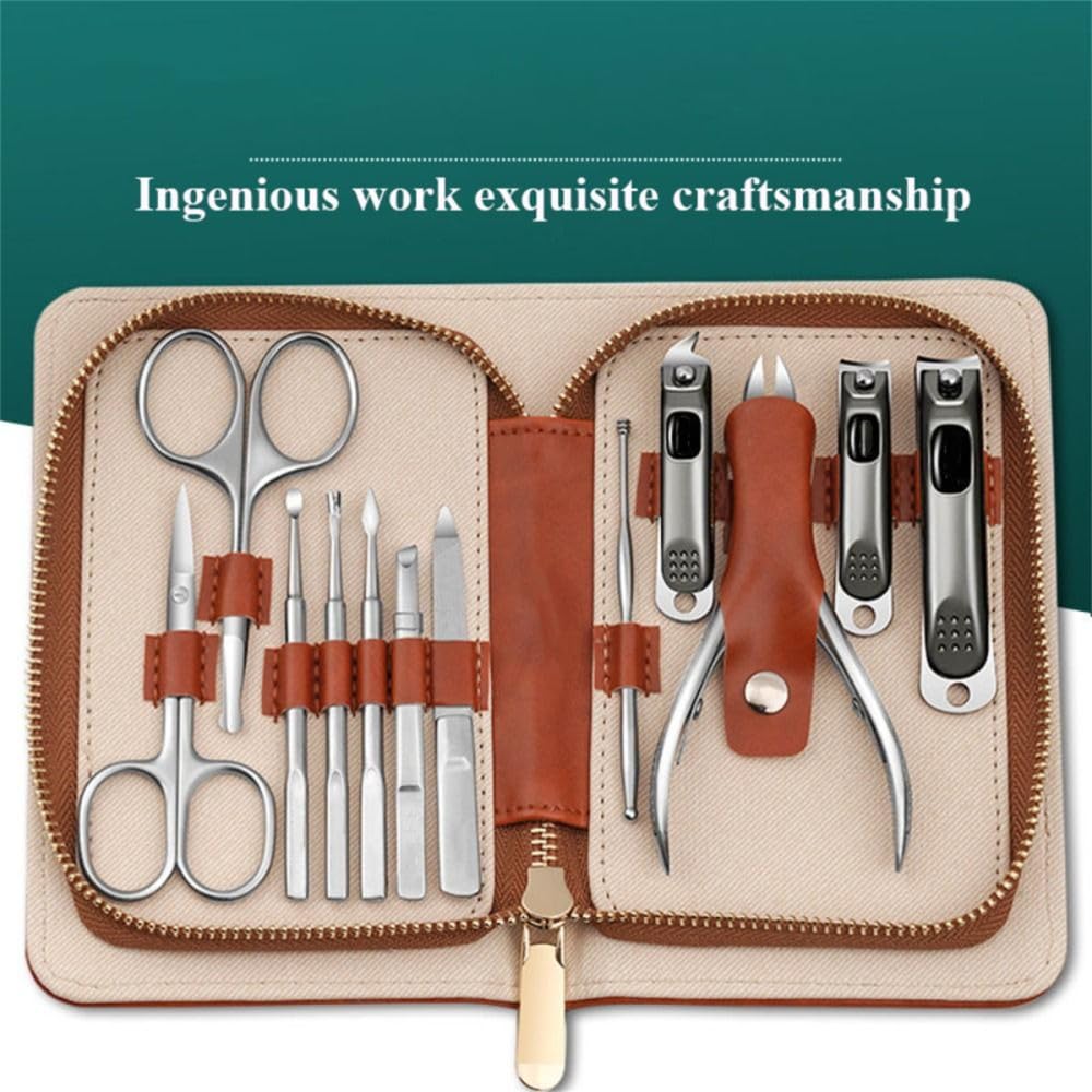 Maniküre-Set, graues Vollnarbenleder, Nagelknipser-Sets, rostfreie Schere, braun