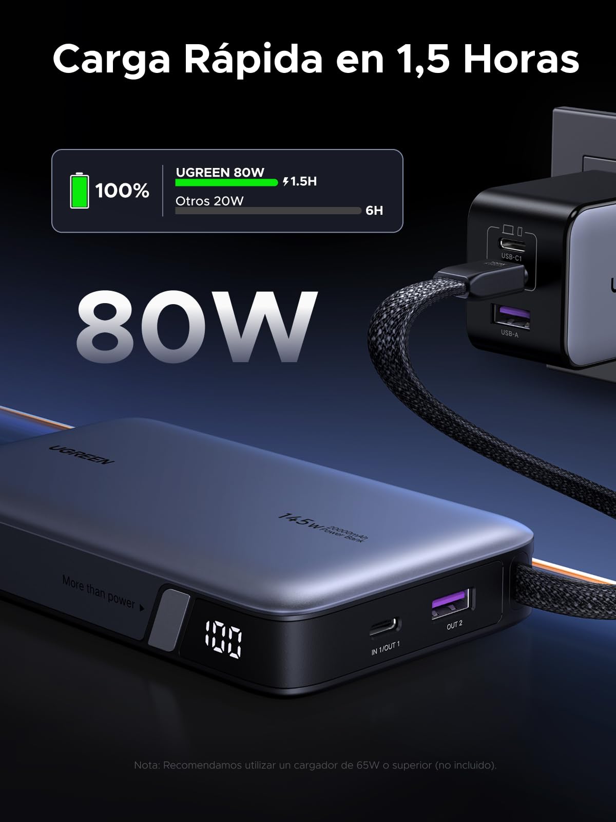 UGREEN Nexode 145W Power Bank 20000mAh Batería Externa Carga Rápida PD3.0 100W Cable USB C Integrado Cargador Portátil PC LED Compatible con iPhone 17 16 15 Plus Pro MAX Galaxy S25 S24 MacBook iPad