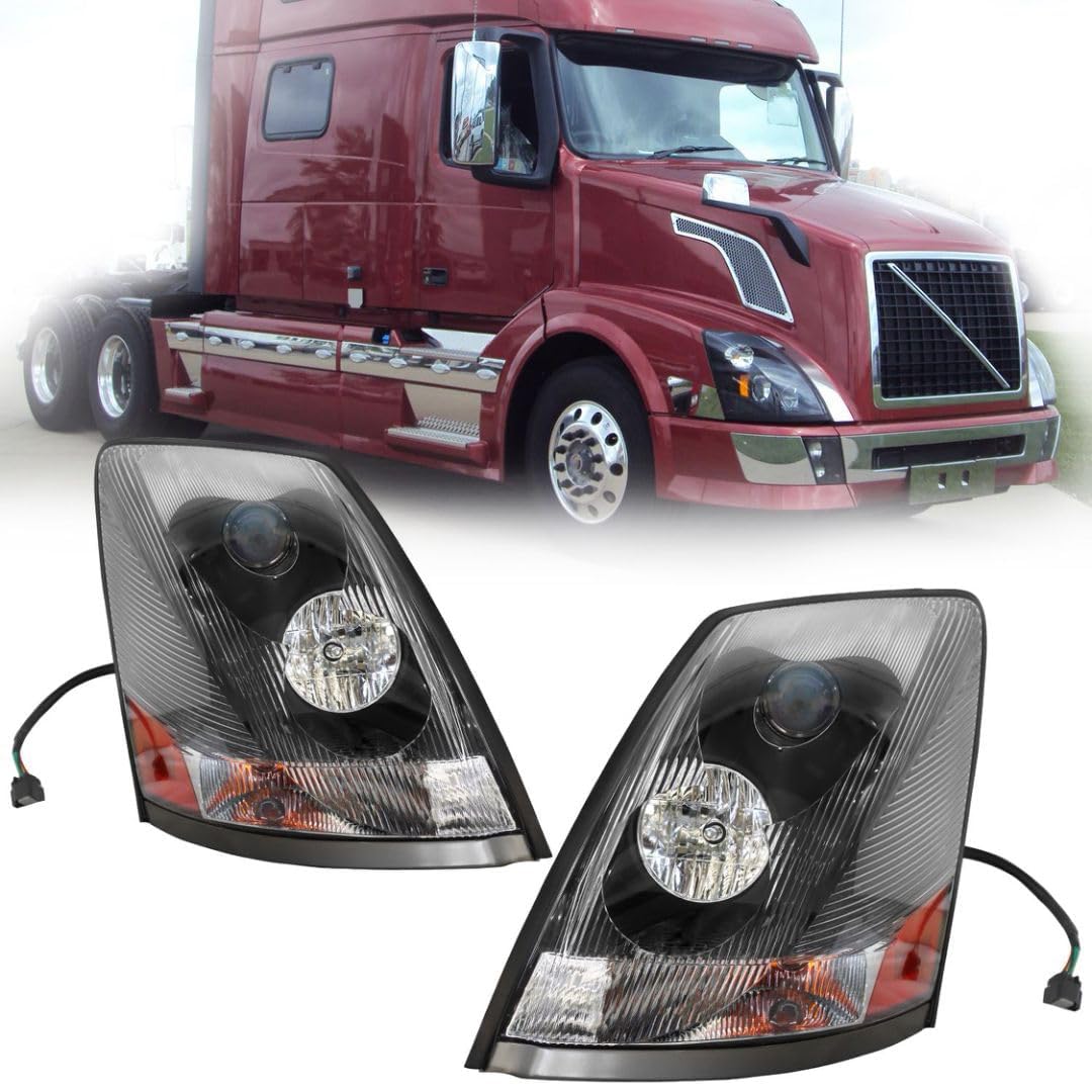 Headlight Assembly Compatible with 2004-2018 Volvo VNL VNM 2004-2015 Volvo VN Halogen, Headlamps Head Light Lamp W/Bulbs Housing Pair (Black)