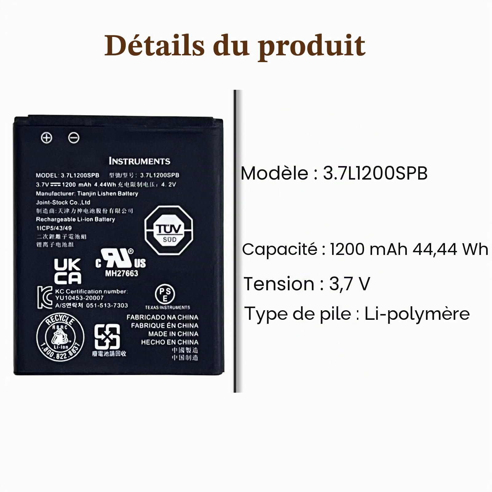 Batterie de rechange 3.7L1200SPB compatible avec Texas Instruments TI-Nspire CX, TI-84 CE, TI-84 Plus CE