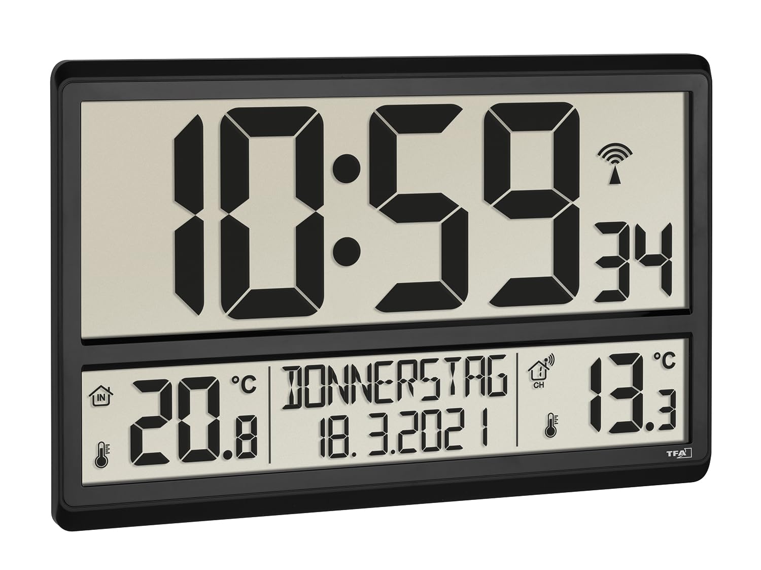 TFA Dostmann Digitale XL Wanduhr, 60.4521.01, mit Außentemperatur, Innentemperatur, Wochentag (8 Sprachen), Funkuhr, Datum, schwarz, (L) 360 x (B) 235 x (H) 28 (84) mm