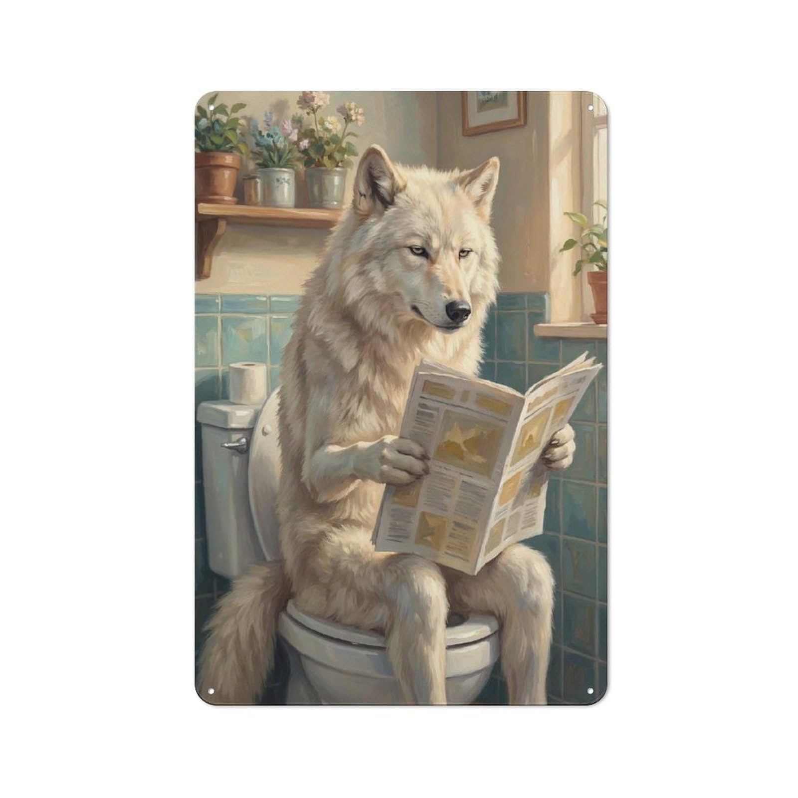 Rustic Arctic Wolf Reading Newspaper on Toilet Tin Wall Plaque 30x20cm, Rustic Kitchen Decor for Cottage, Kitchen, Hallway Or Breakfast Nook