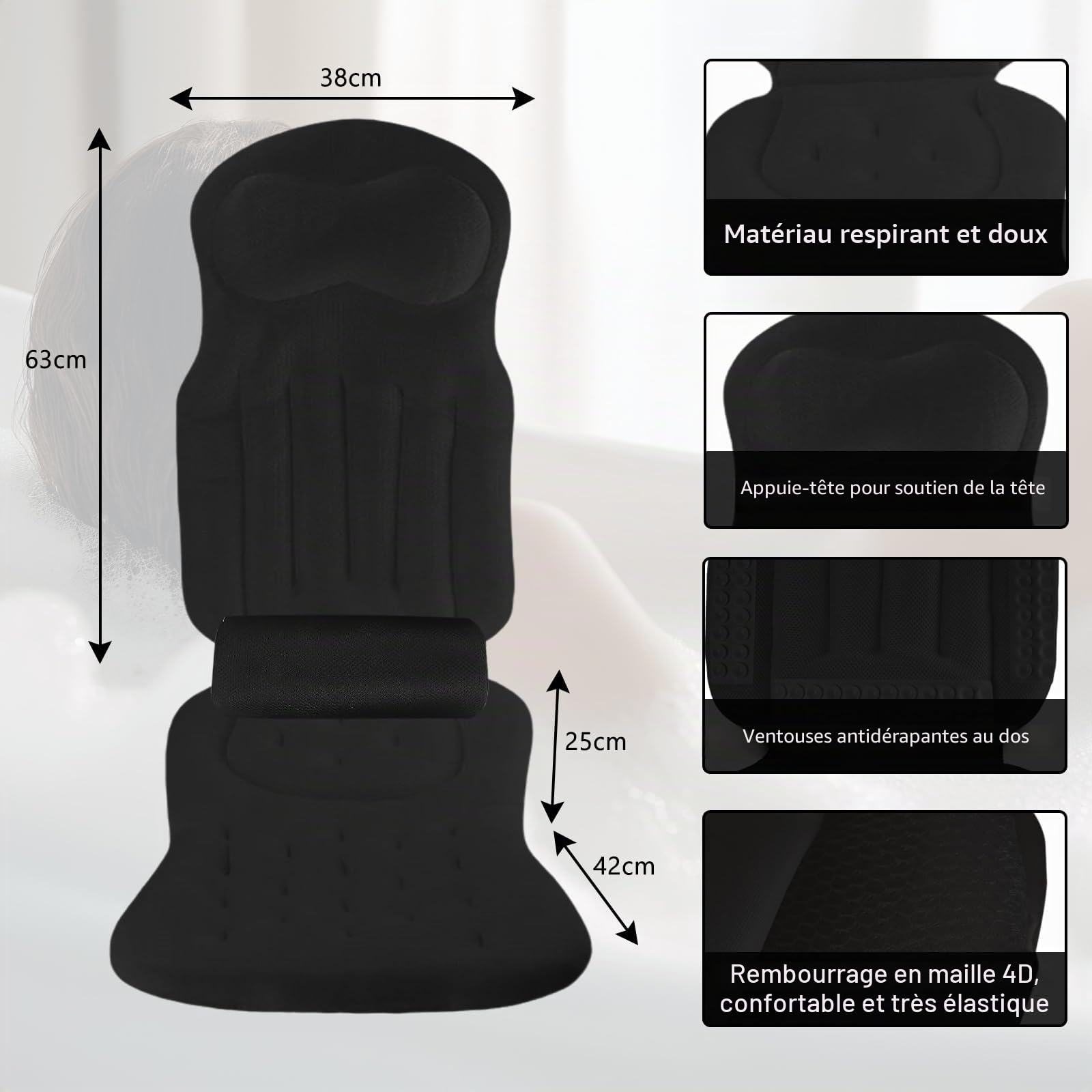 Coussin de Bain Complet pour la Baignoire - avec Appui-tête et Soutien Lombaire - avec ventouses et Crochet de Suspension (Noir)