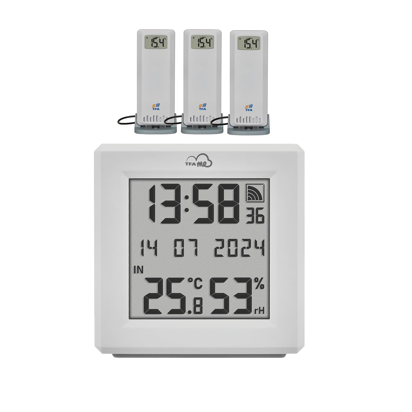 TFA Dostmann TFA.me 35.8104 - Kit de iniciación con 3 transmisores de temperatura, para monitoreo de transmisores TFA-ID, incluye portal TFA.me para PC, smartphone y tableta, con sensor de cable,