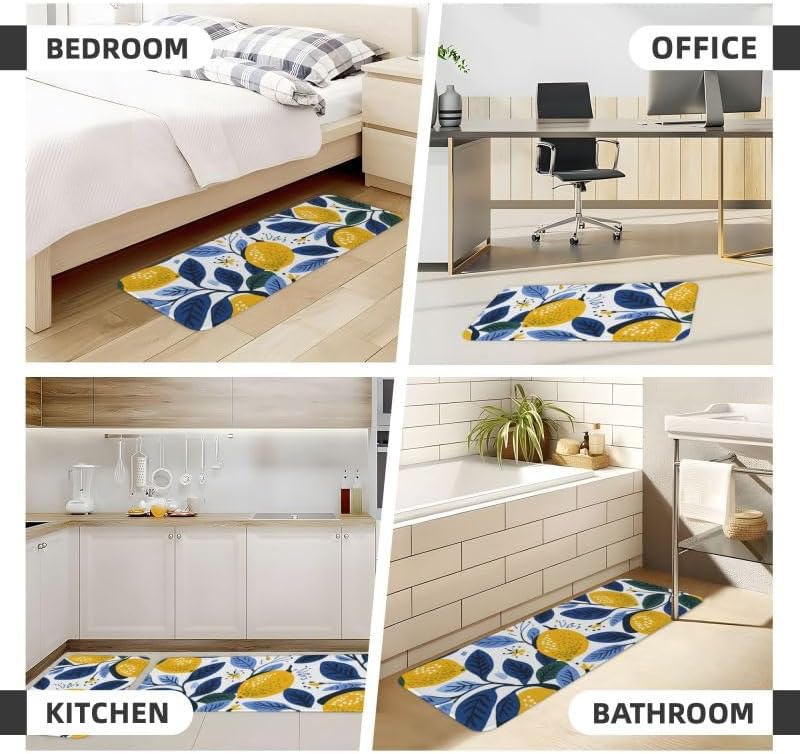 Kitchen Rugs Mats Set of 2 Lemon Blue Leaves, Washable Kitchen Floor Mat Non Slip Carpet Runner Rug for Sink Hallway Laundry Room