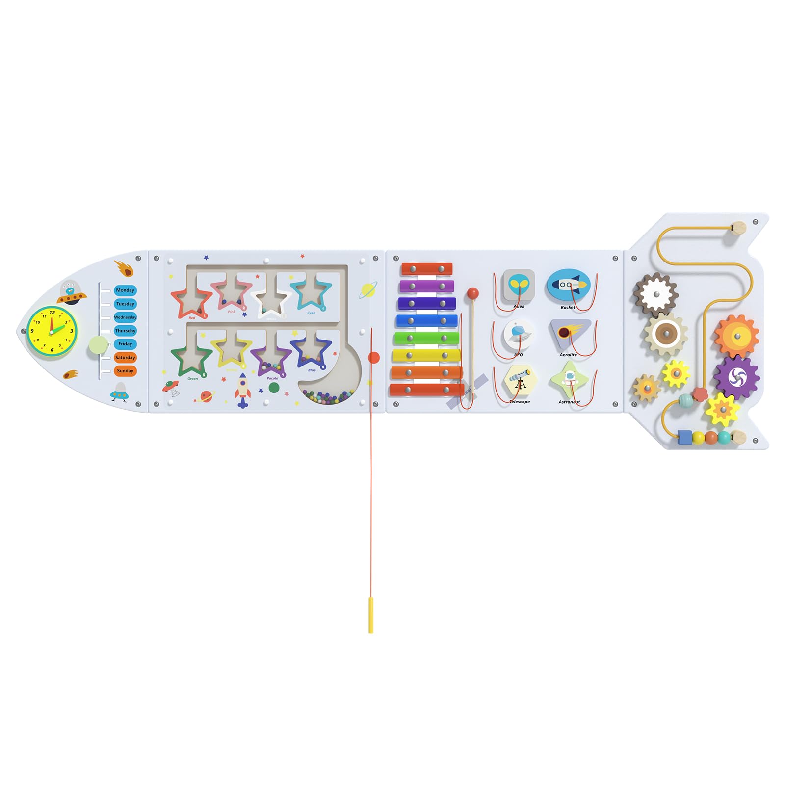 Spacocld Montessori Busy Board - White Rocket Activity Wall Panels, Wall Toys for Toddlers 3+, Sensory Panels for Kids, Wooden Activity Cubes, Playroom Daycare Toys, Toddler Sensory Board (4PCS)