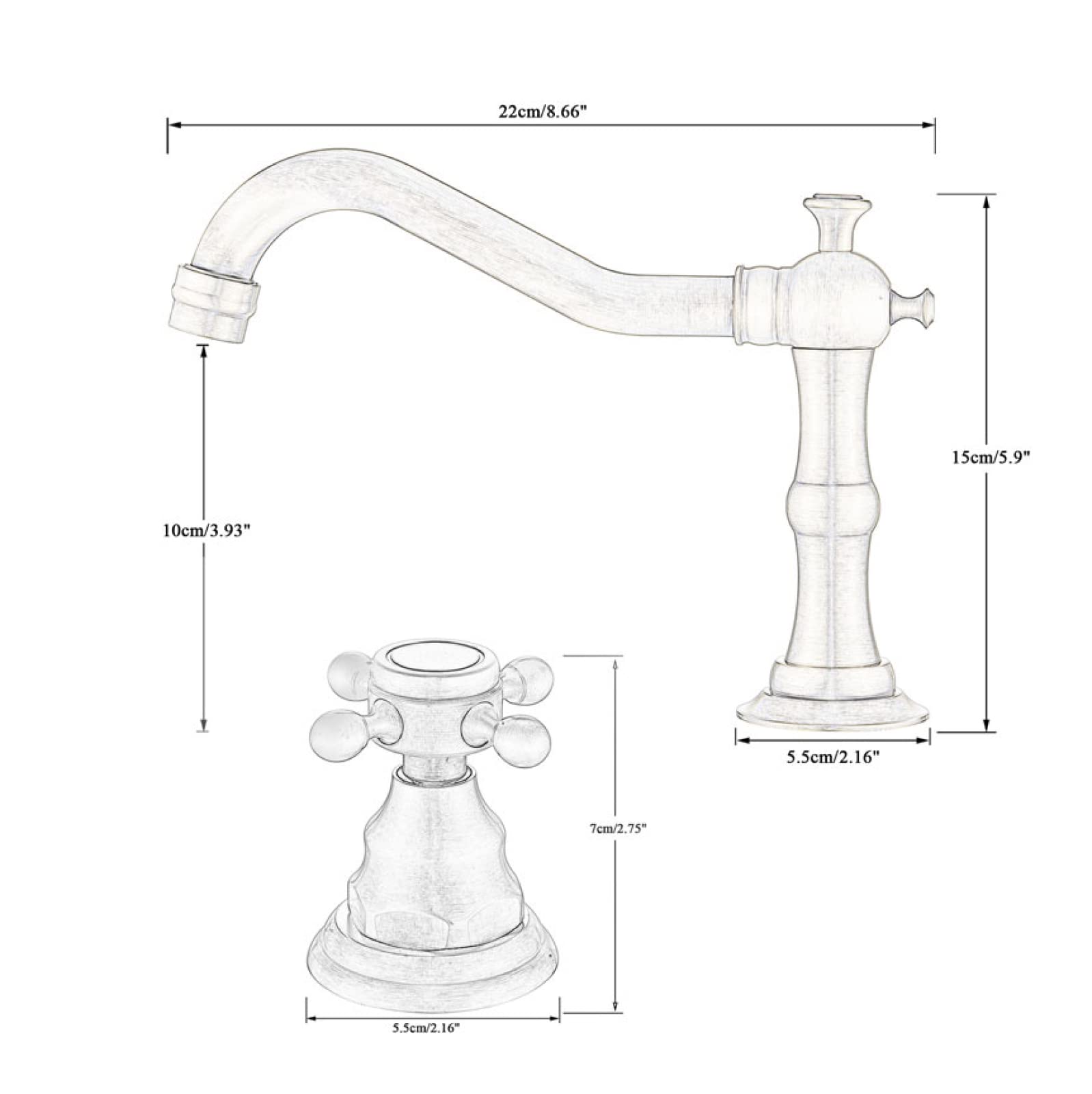 Vintage Badezimmerarmatur, Warm- und Kaltwasser, Messing, 2-Griff-Armatur für Waschbecken mit 3 Löchern, Kreuzmuster Gold (Farbe: Gold)
