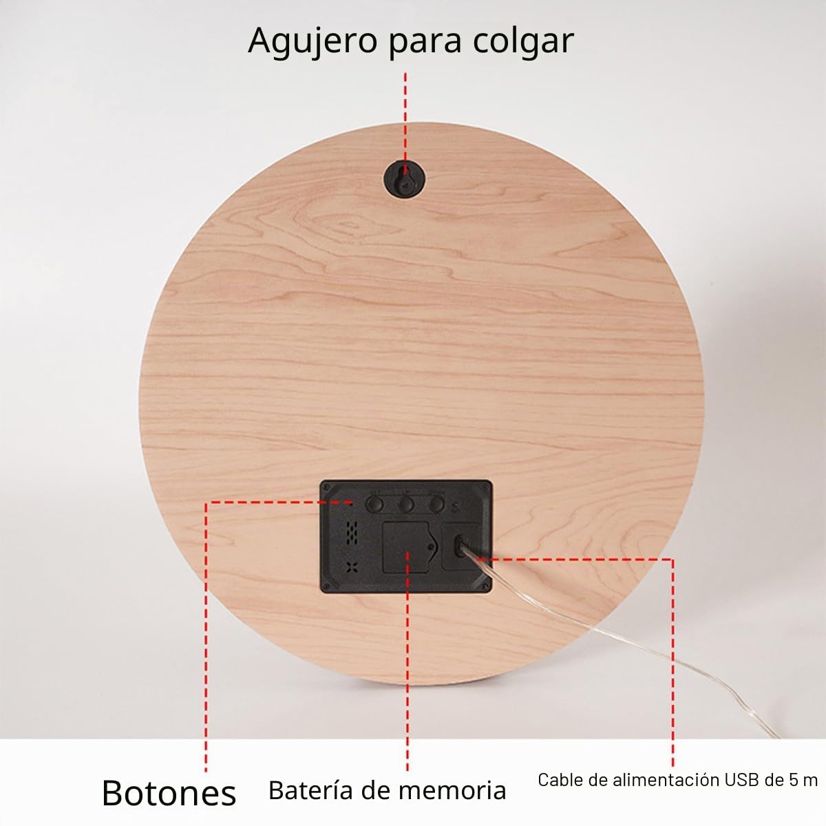 Reloj Digital de Pared de Madera con Pantalla Grande LED de Atenuación Automática Silencio Redondo 12/24 Horas Interruptor Colgante Enchufable para Casa Salón Oficina