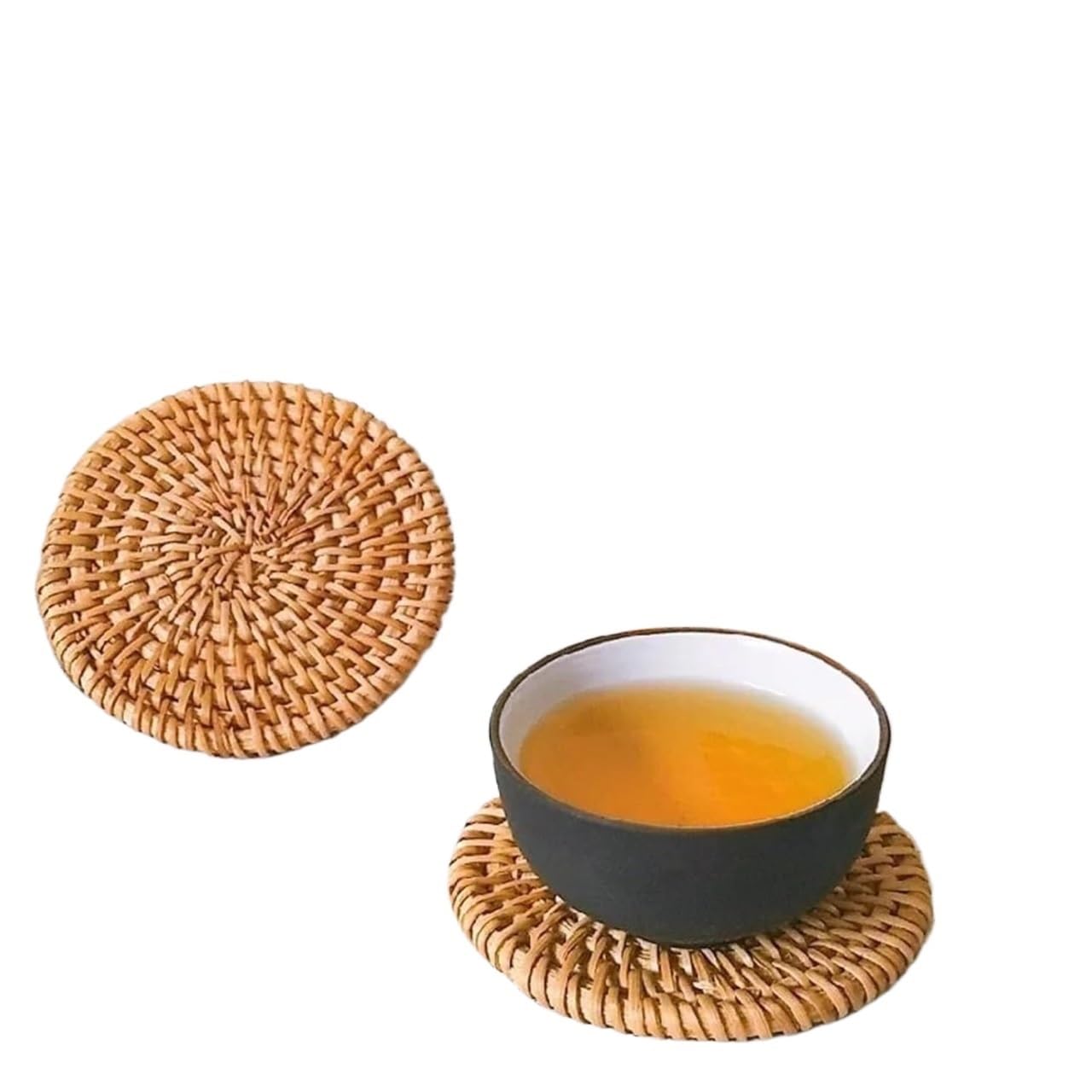 GrassWoven Placemat, 6 Pieces Rattan Coaster Set With Storage Holder, For Dining Table, Multiple Sizes(13CM Set)