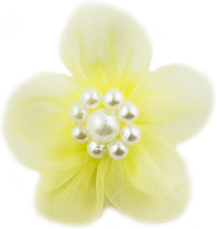 HAND® Light Yellow Organza Flower Sew On Trims with Pearl Effect Clusters - 35 mm - Pack of 20