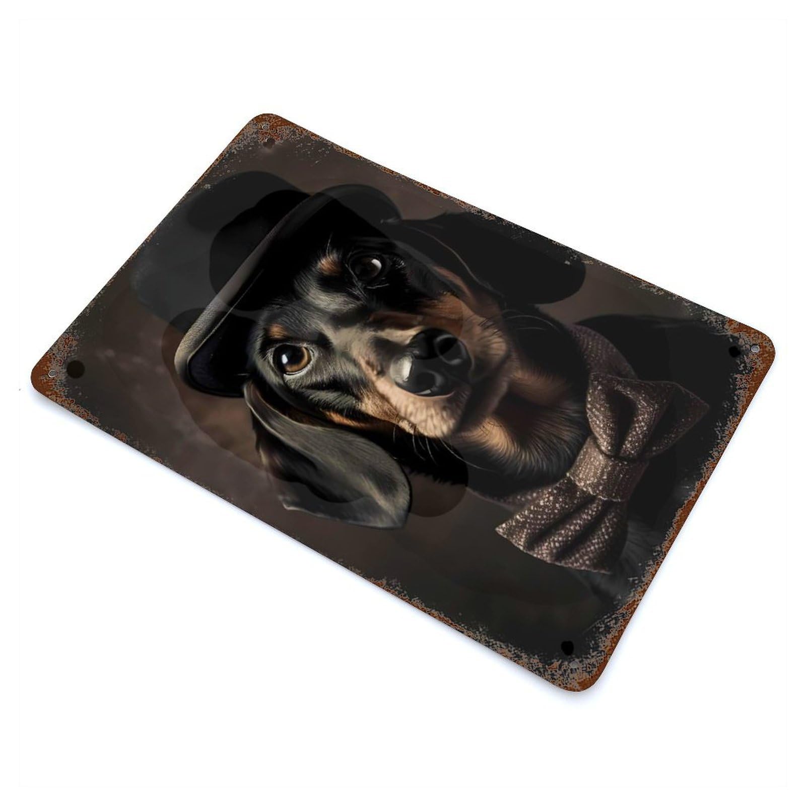 Aged Metal Wall Plaque with Dachshund Hat Design 11.8"x7.9", for Basement, Hobby Room And Garage Decor, Classic Wall Plaque