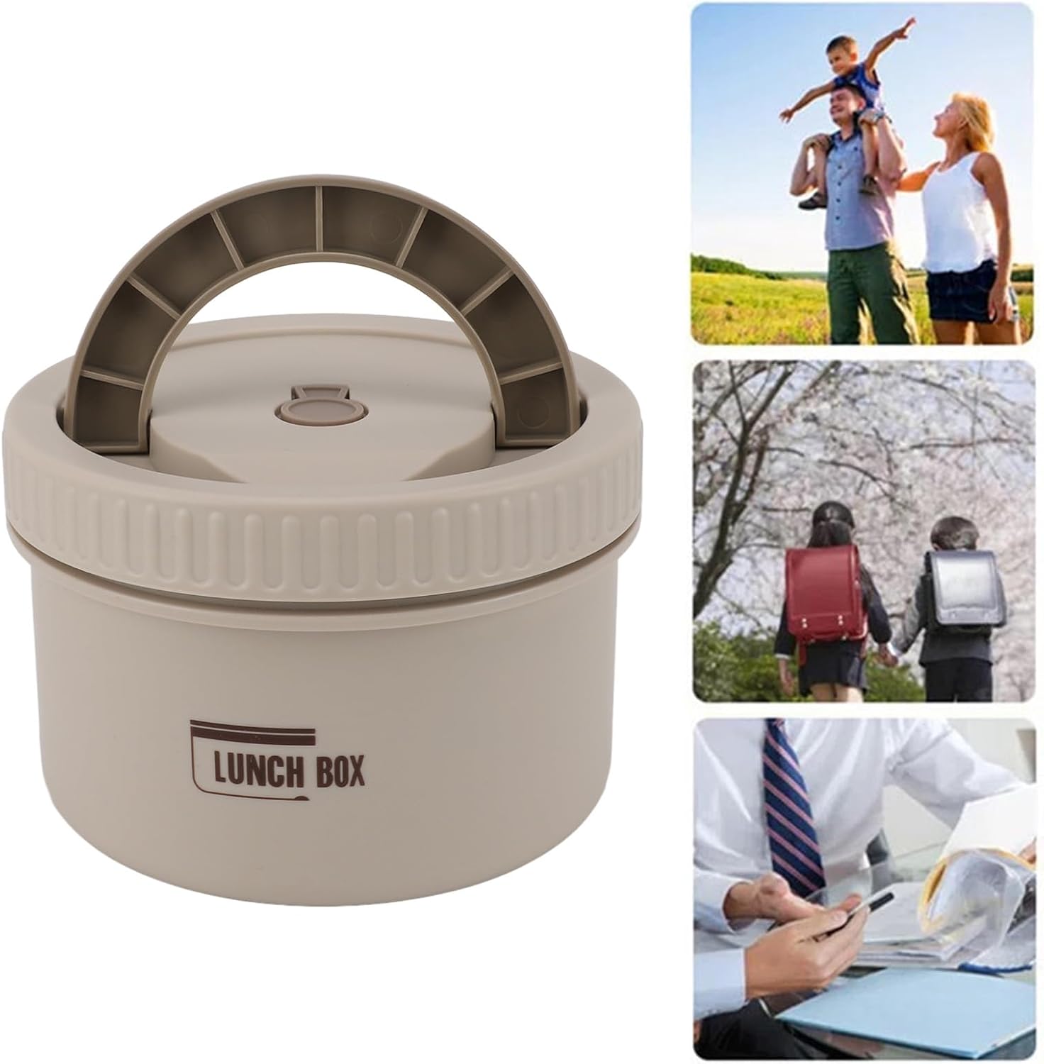 Walfront Round Lunch Box Stainless Steel 600ml Insulated Portable Secure Sealing for Picnics (Beige) - Image 2