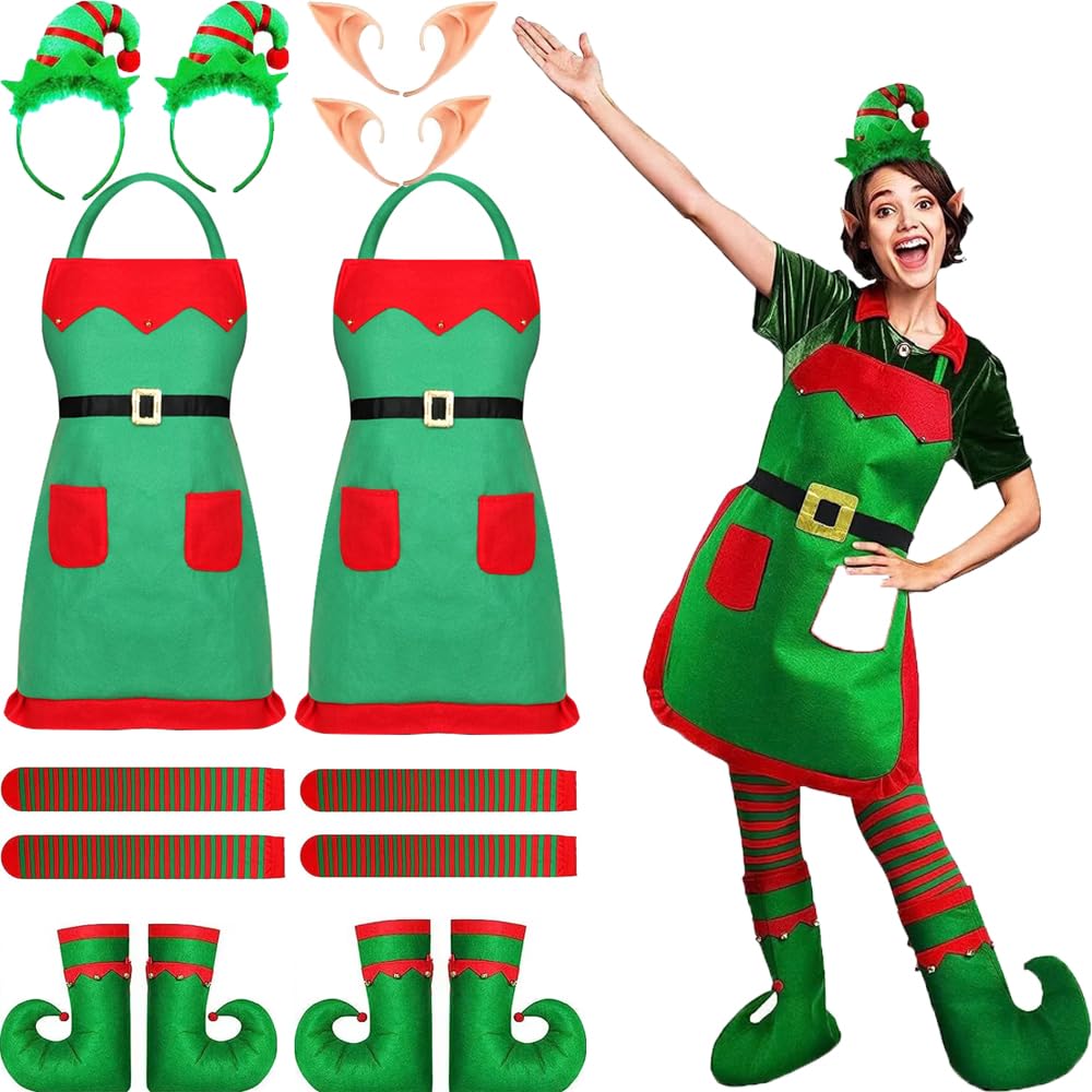 16pcs Christmas Elf Costume set for Women, Elf apron, Elf hat, Elf ears, striped socks, Elf shoes, Santa Cosplay accessories