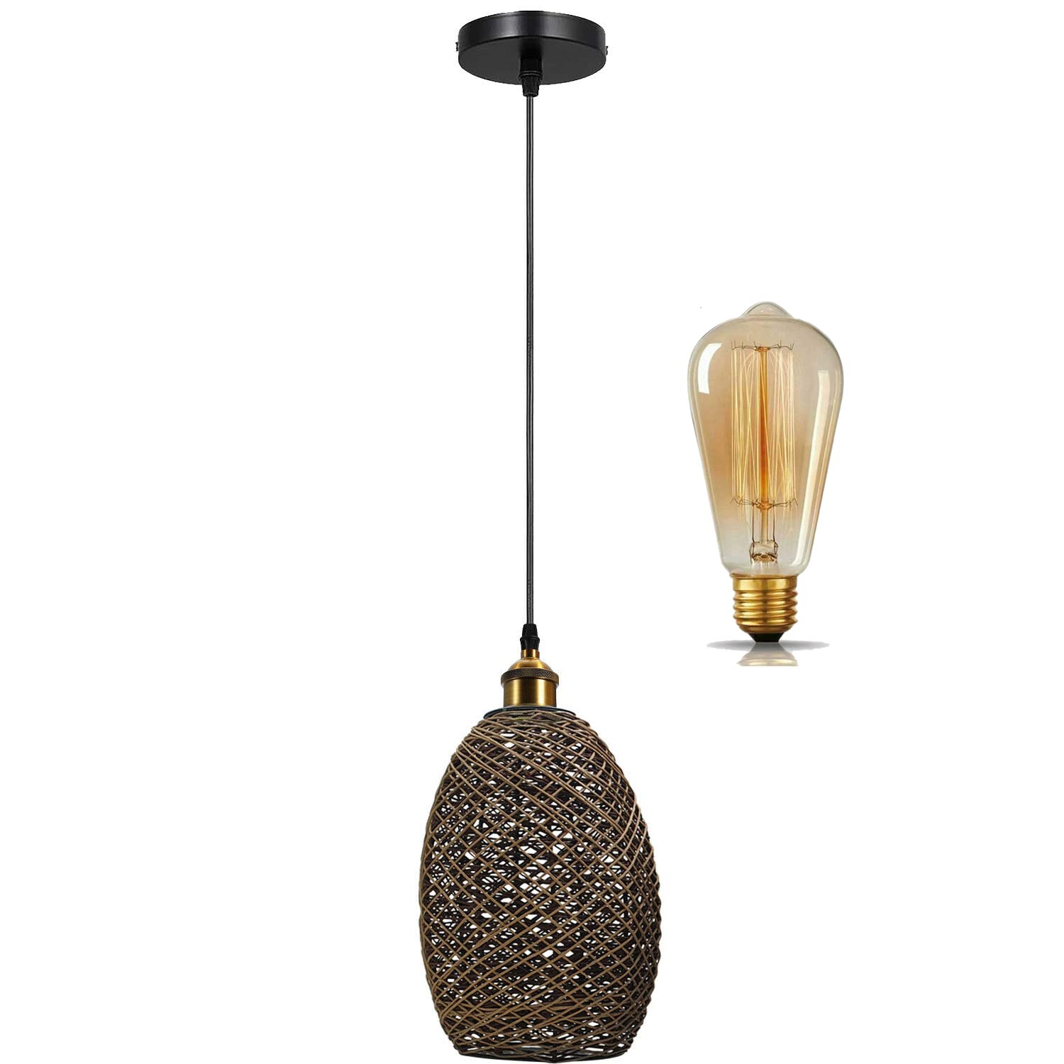 LEDSone Industarial Ceiling Natural Rattan Pendant Light, Hand Woven Wicker Light Shade, Height Adjustable 1m Cable, Vintage e27 Base Hanging Indoor Lighting for Dining Room. (Style 4, with Bulb)