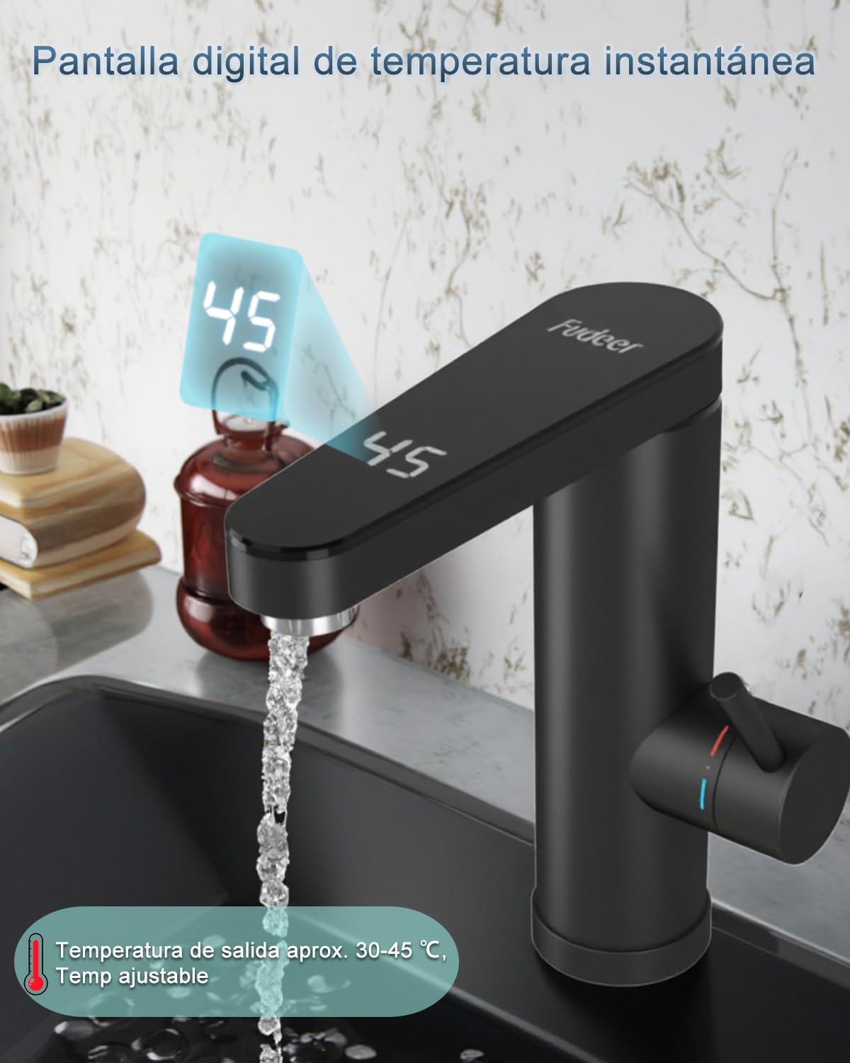 Grifo de calentador de acero inoxidable, Grifo eléctrico con calentador de corriente con indicador de temperatura digital, Salida giratoria de 120 grados, Instalaciones de baño eléctricas