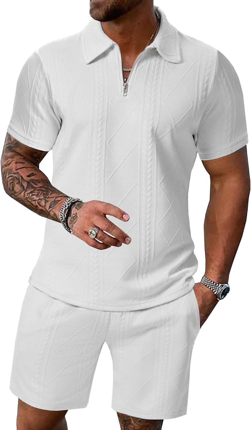 Men’s Short Sets 2 Piece Summer Outfits Zip Tracksuits Polo Shirt and Drawstring Shorts Set S-2XL