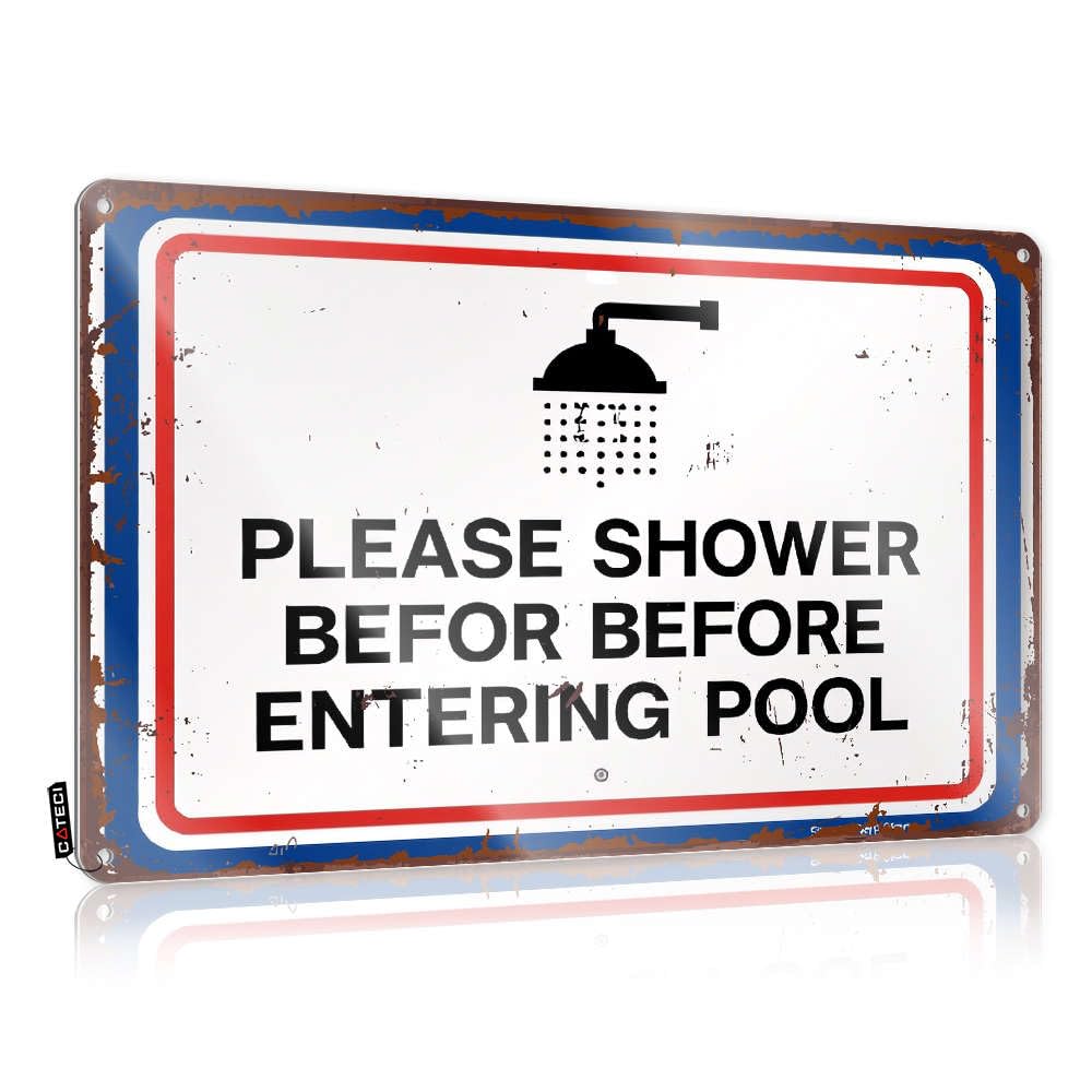 Sujd Colour Retro Wall Art Inappropriate Decaor Home Decor - Please Shower Before Entering Pool. Retirement Rustic Style Artwork For Checkout(20X30cm)