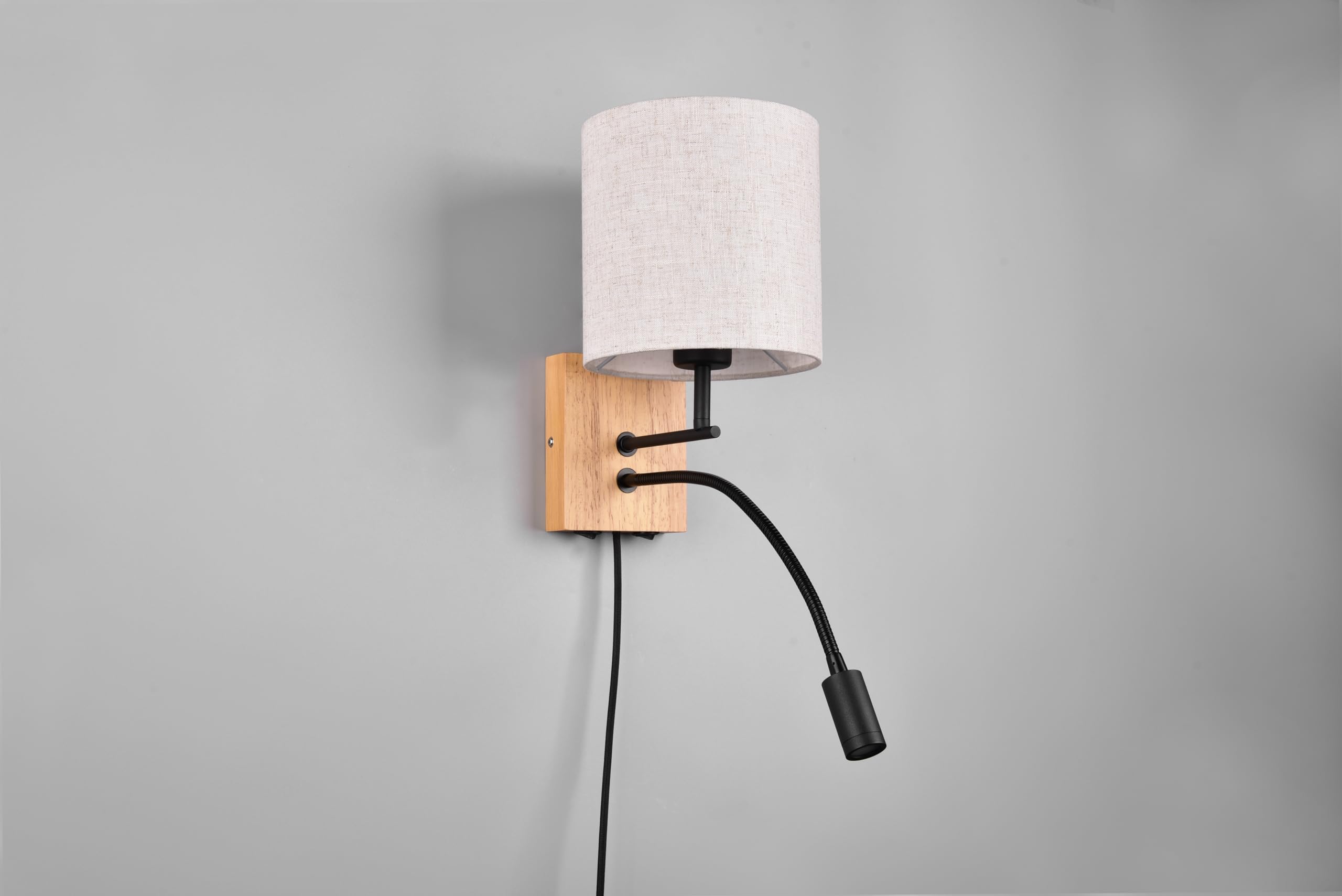 Trio Leuchten Wandleuchte Nilam 212879236, Holz naturbelassen, Schirm Stoff, exkl. 1x E27, Lesearm inkl. 3.1 Watt LED, Flex Connect, Weiß