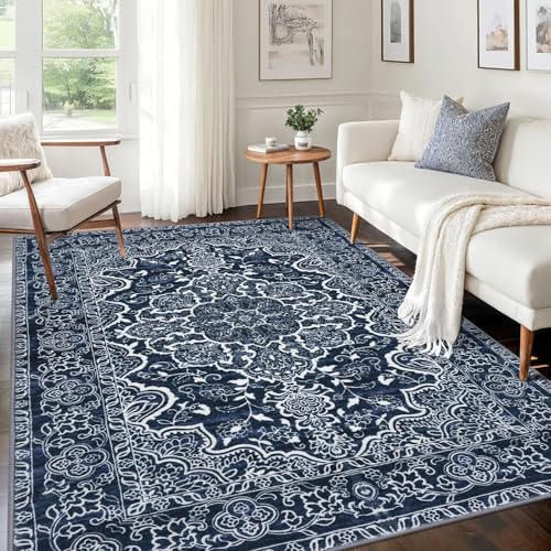 KUTA Area Rug 5x7 Navy Blue, Washable Rugs for Living Room Ultra Soft Non-Slip Printed Flower Distressed Vintage Floral Farmhouse Carpet for Bedroom Dining Room Dorm Office Home Décor