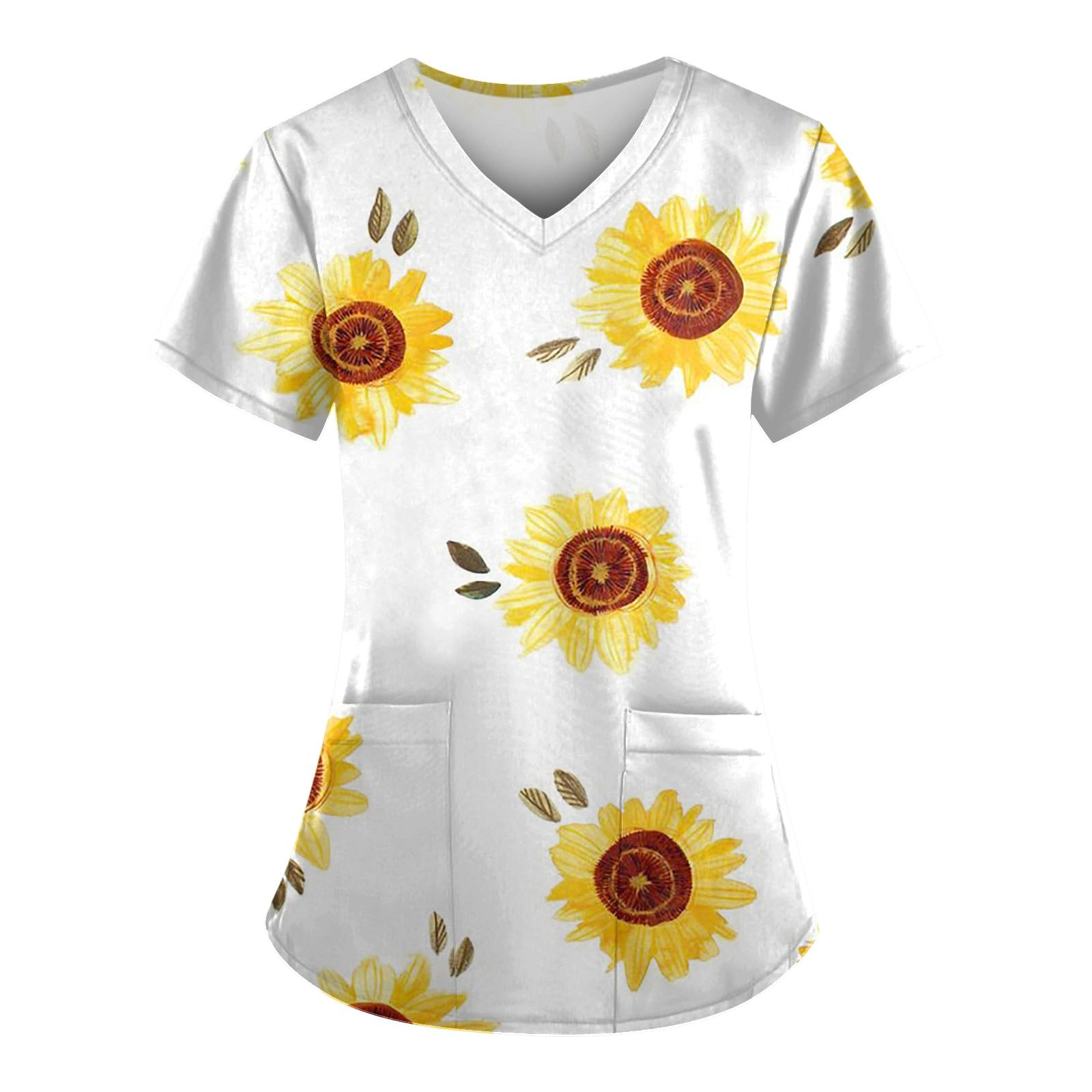 Scrub Tops for Women Short Sleeve V Neck Working Nurse Uniform Plus Size Sunflower Printed Medical Shirt