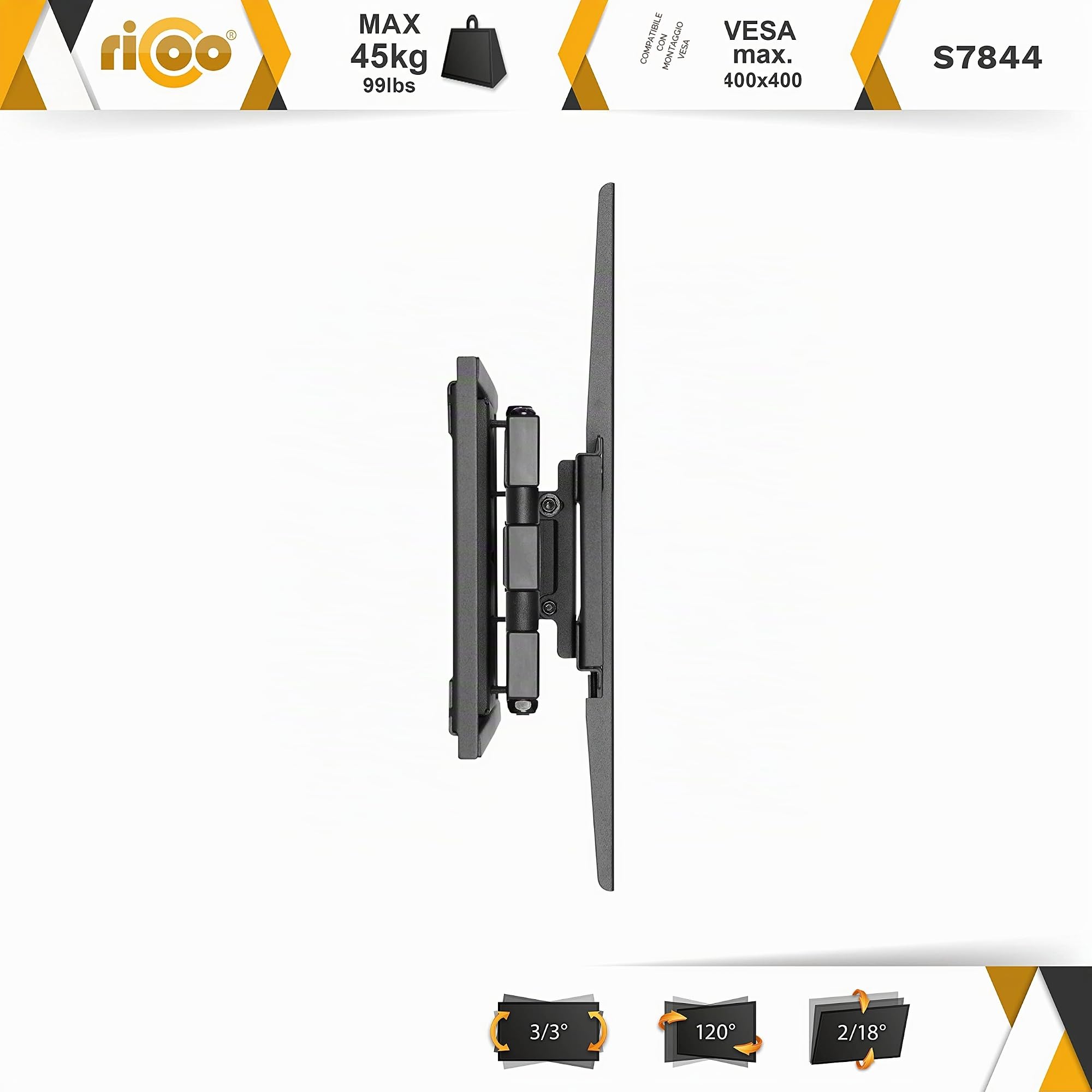 RICOO S7844 Supporto TV da parete Staffa TV 40-65 pollici per 40 65 pollici girevole inclinabile fino a 45 kg max VESA 400x400