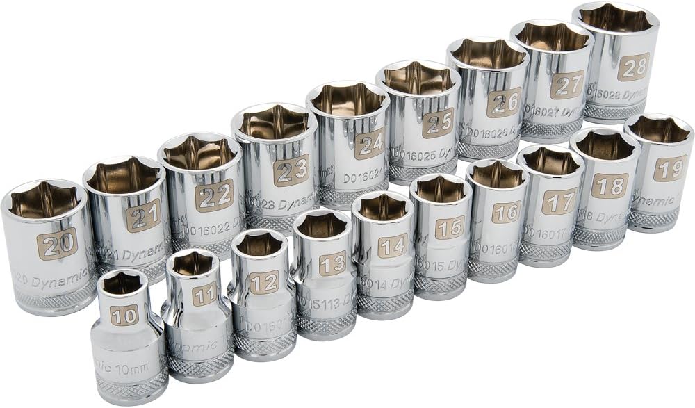 Dynamic Tools 1/2" Drive 19 Piece 6 Point Standard, Metric Socket Set, 10mm - 28mm