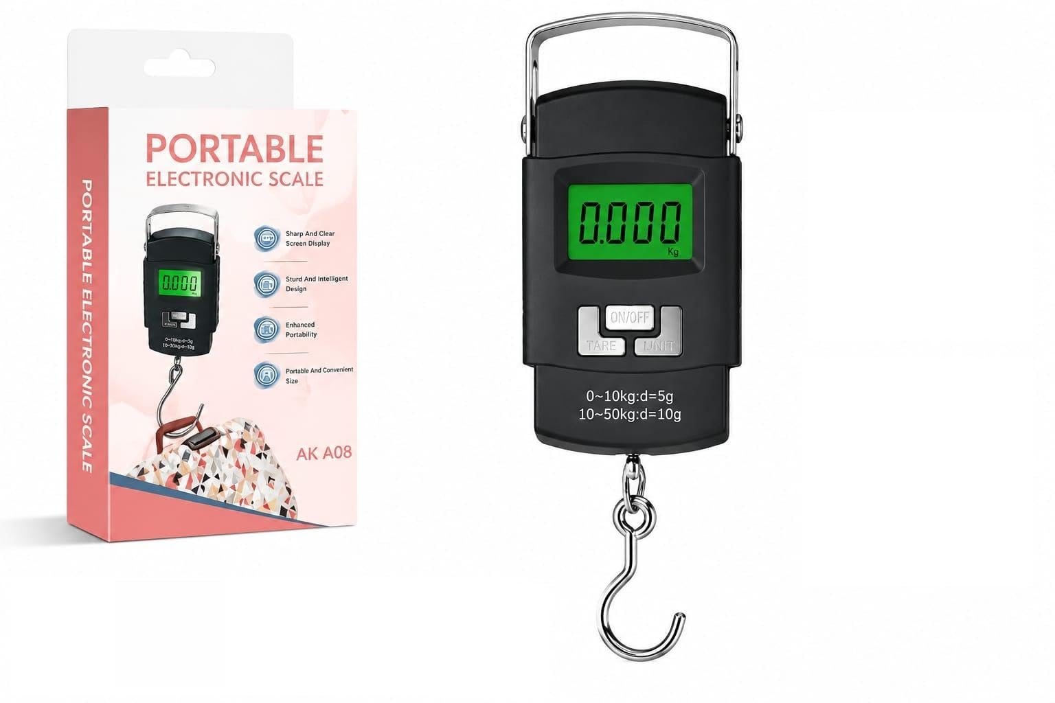 Portable Electronic Hanging Scale AK A08, 50kg Capacity PACK OF 1 CLUN | LCD Backlit Display, Tare Function, 5g Precision, Travel & Luggage Use, Compact Design-image-35