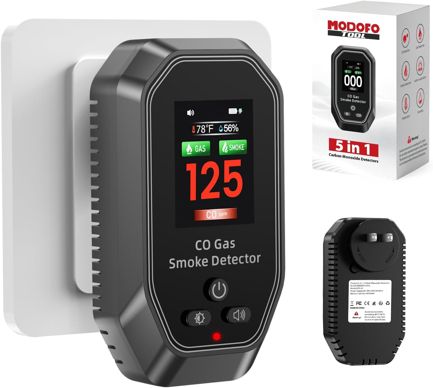 6-in-1 Portable Carbon Monoxide Detectors Plug in, MODOFO TOOL Smoke and Carbon Monoxide Detector with Built-in Battery, Natural Gas Leak Detector, HD Display for CO, Gas, Smoke, Temp, Humidity Black