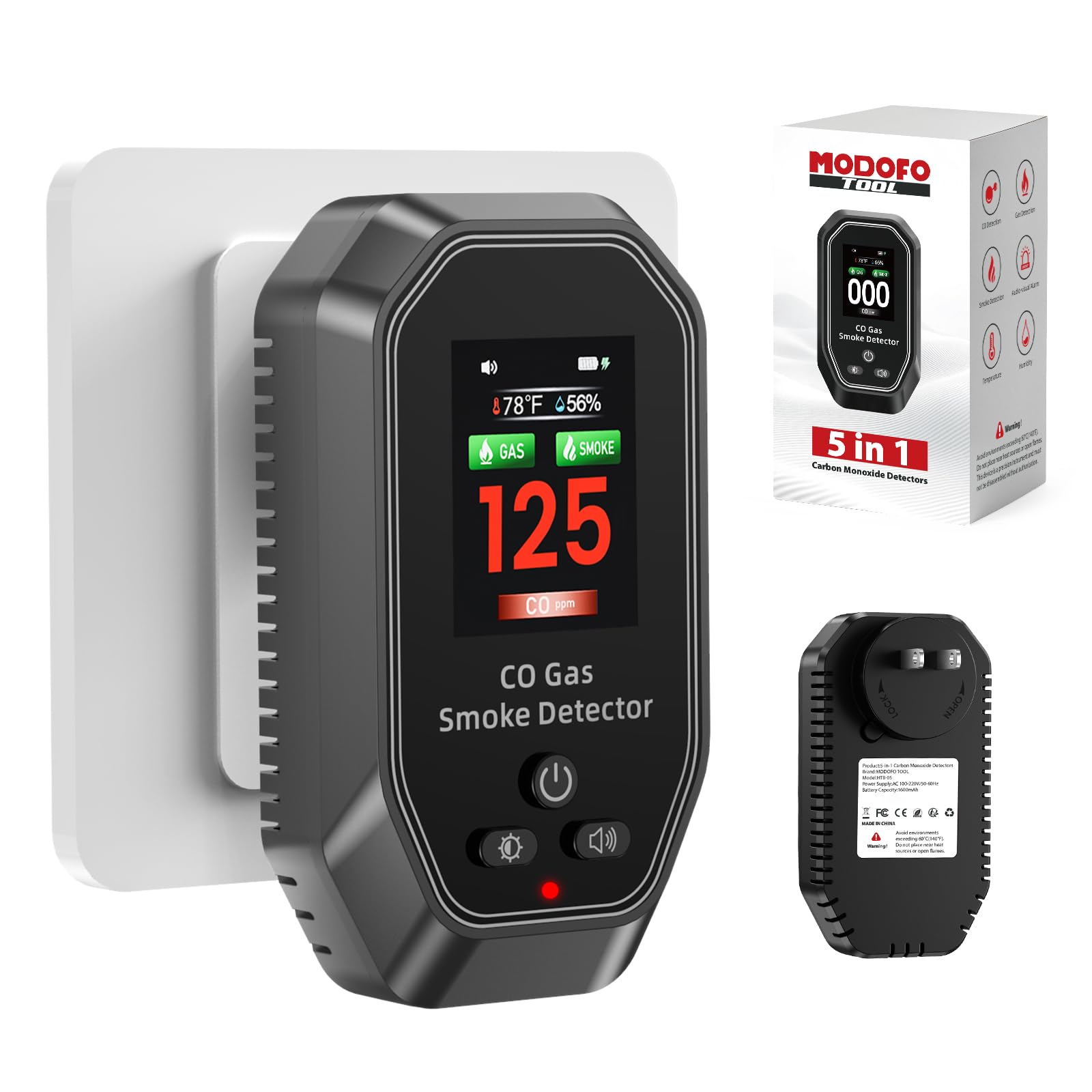 6-in-1 Portable Carbon Monoxide Detectors Plug in, MODOFO TOOL Smoke and Carbon Monoxide Detector with Built-in Battery, Natural Gas Leak Detector, HD Display for CO, Gas, Smoke, Temp, Humidity Black