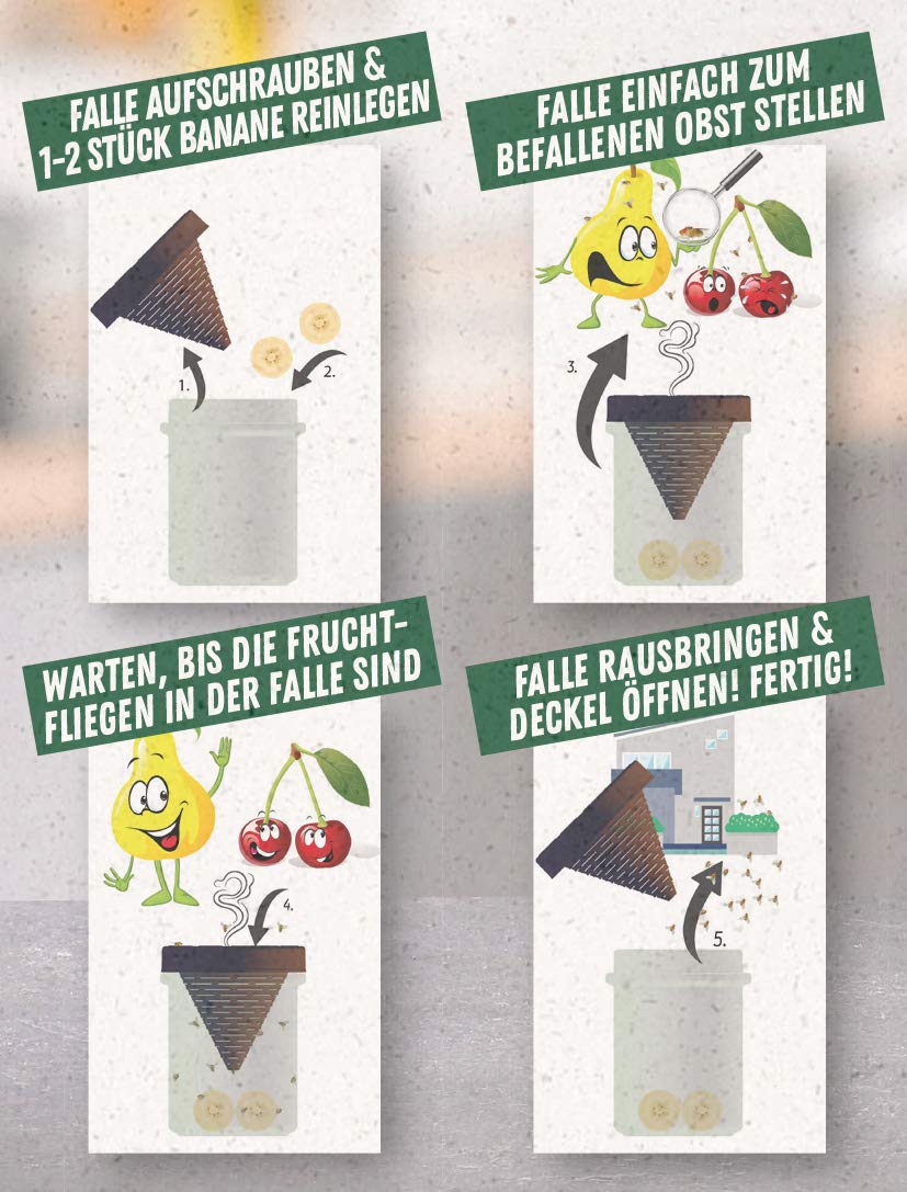Die nachhaltige Fruchtfliegen-Lebendfalle - geeignet für Taufliegen Obstfliegen Essigfliegen - wiederverwendbar - spülmaschinenfest - 100% plastikfrei - ohne Chemie (3'er Pack)