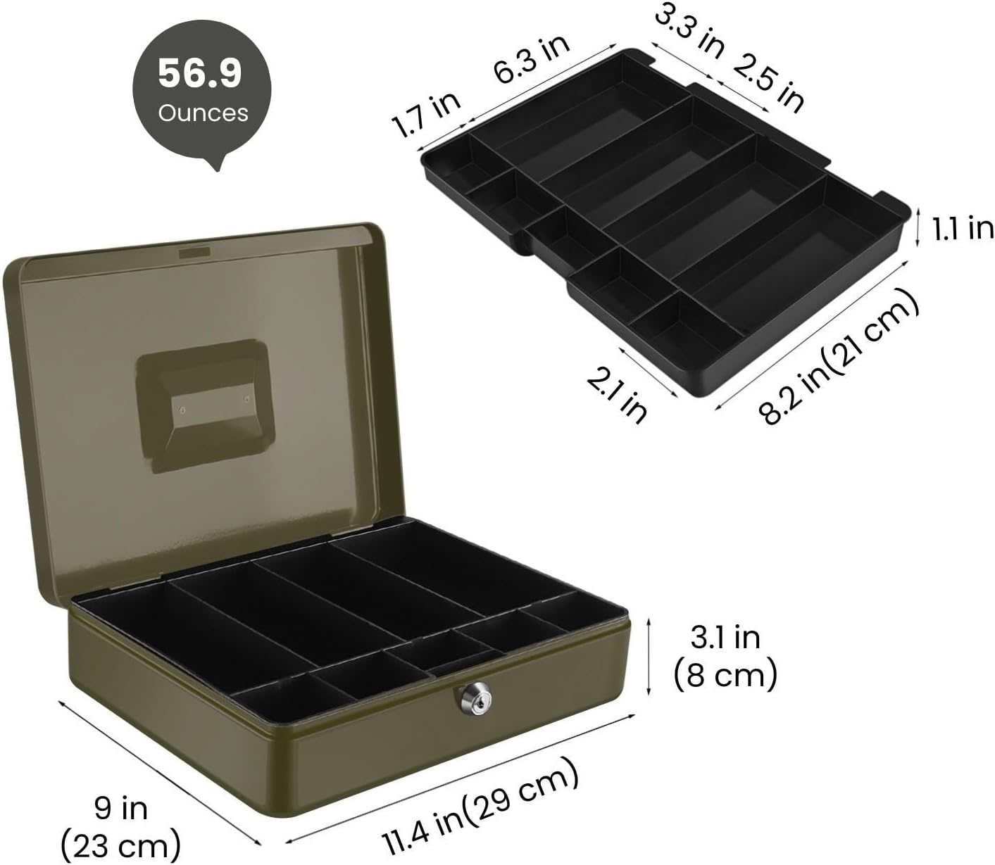 SAFEFlexzion メタルキャッシュボックス - グリーンマネートレイ ロックとキー付き 9つのコンパートメント 小規模ビジネ