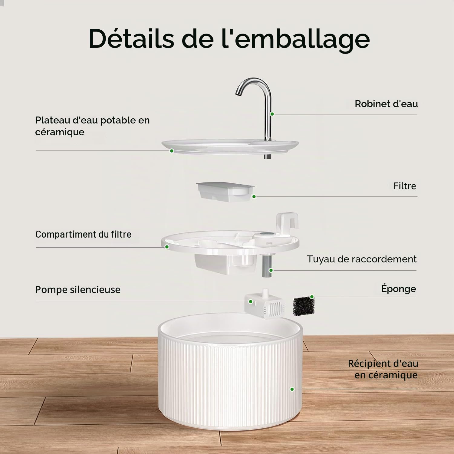 Fontaine à eau automatique en céramique pour chat - 2,2 l - 74 oz - Avec pompe ultra silencieuse et 3 filtres de rechange