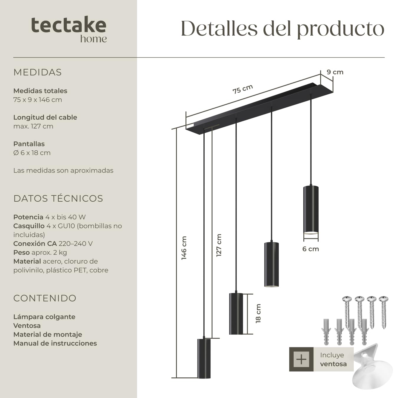 tectake® lámpara de techo colgante moderna estilo industrial, 4 luces GU10, 40 W, lampara salon, instalación fácil con ventosa, altura ajustable, lampara techo dormitorio - Negro