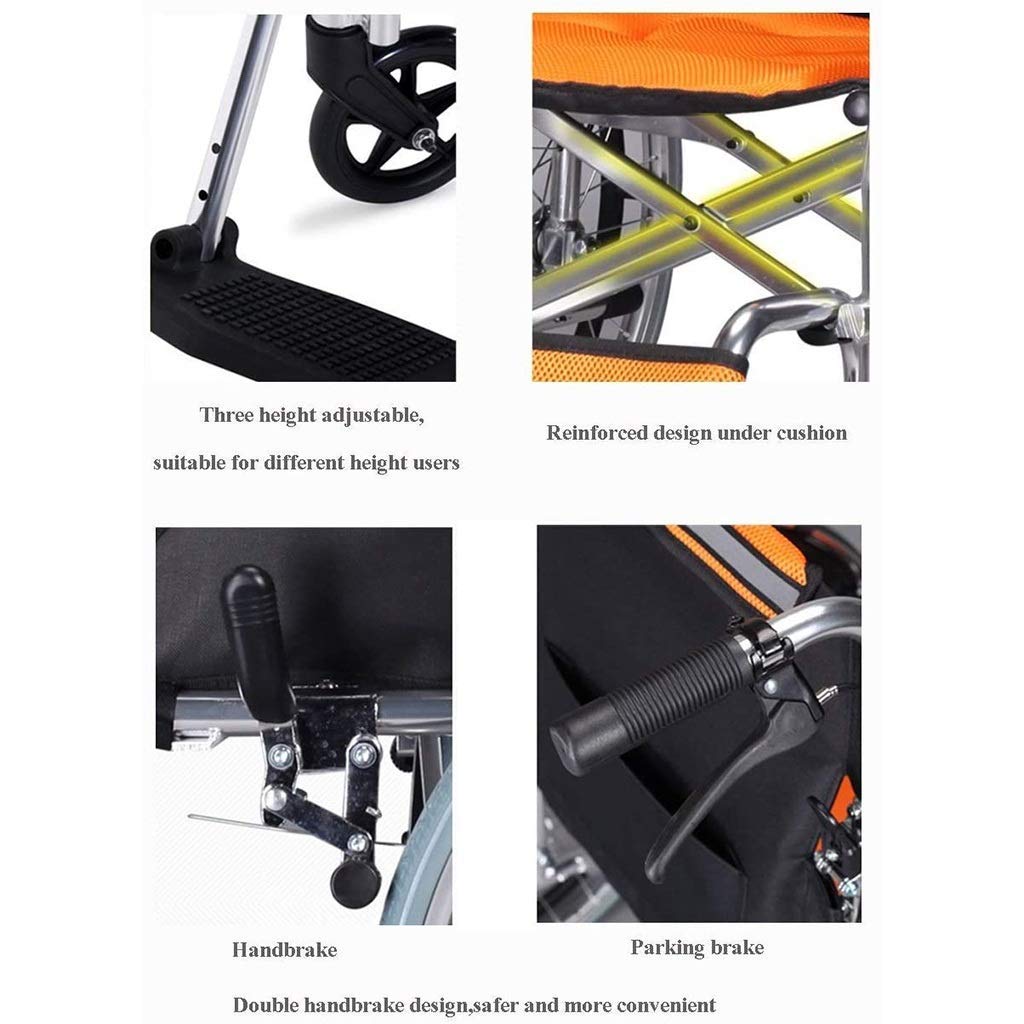 MU Silla de Ruedas Autopropulsada, Manual de Aleación de Aluminio Plegable Ligero con Pedales Ajustables Doble Freno para Discapacitados/Manual de Edad Avanzada Cesta