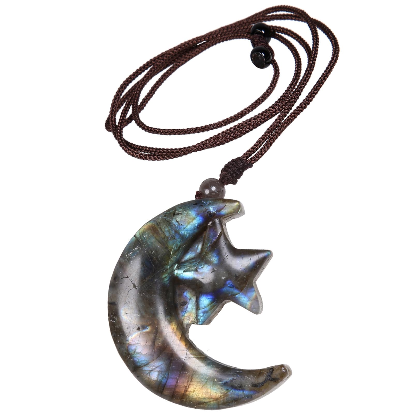 Nupuyai Star & Moon Labradorite Crystal Stone Necklace for Women Men Natural Carved Stone Pendant with Adjustable Rope