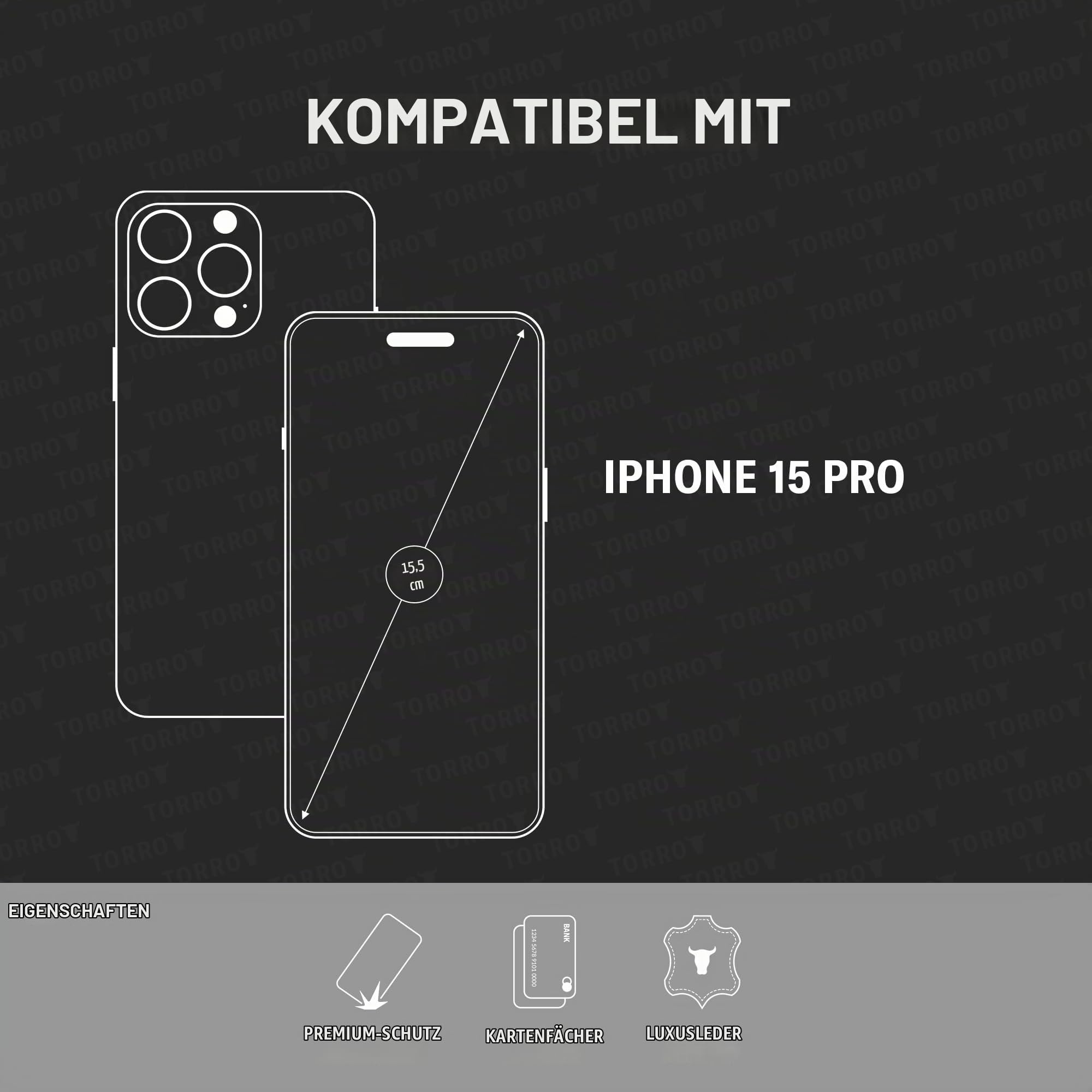 TORRO Klapphulle kompatibel mit iPhone 15 Pro – Premium Leder Hulle mit Kartenfächern (kompatibel mit Offiziellen MagSafe-Ladegeräten) - Schwarz
