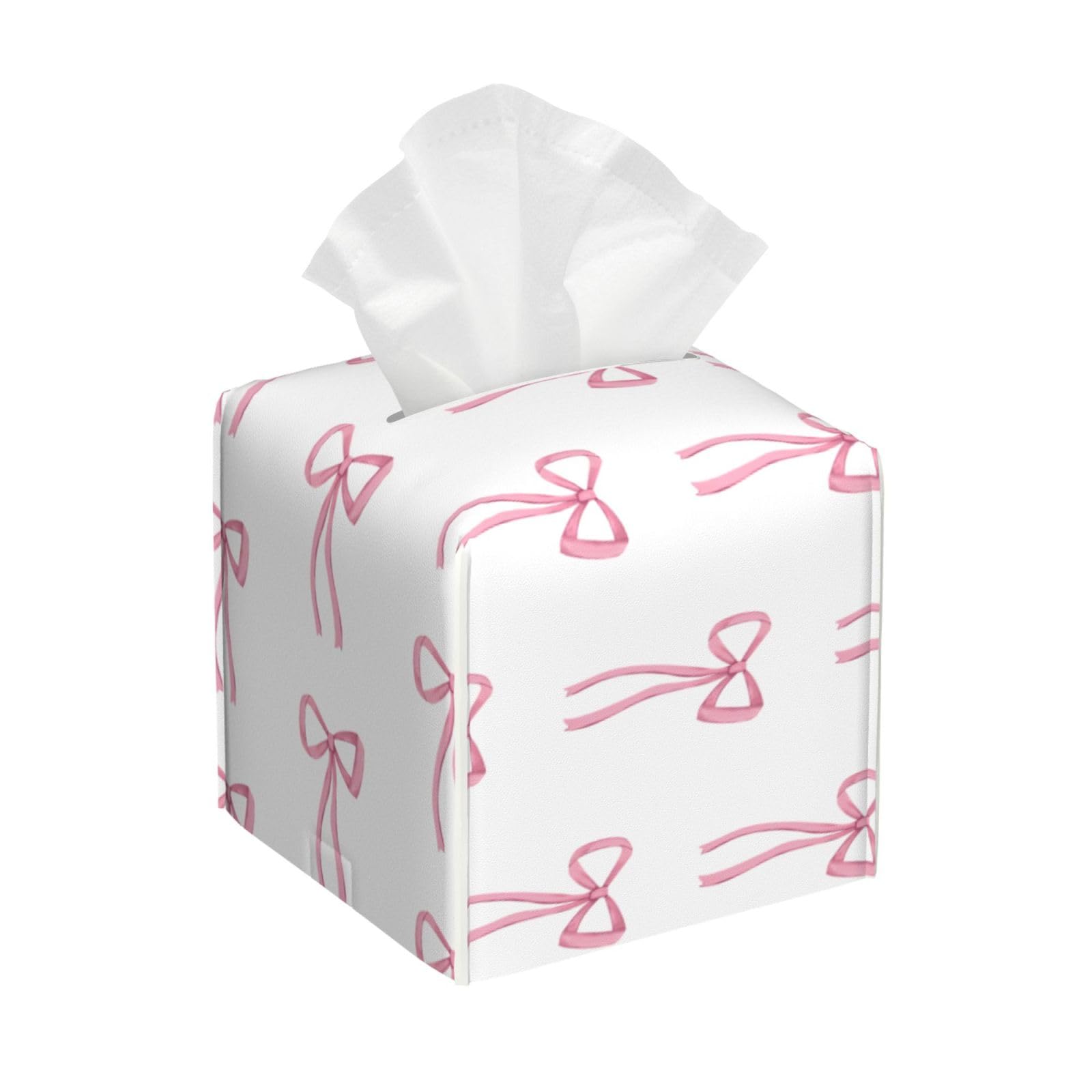 Tissue Box Cover Little Bow Pink Tissue Box Holder Cube Paper Case Cover Facial Paper Organizer Dispenser for Bathroom, Vanity Countertop, Office Desk