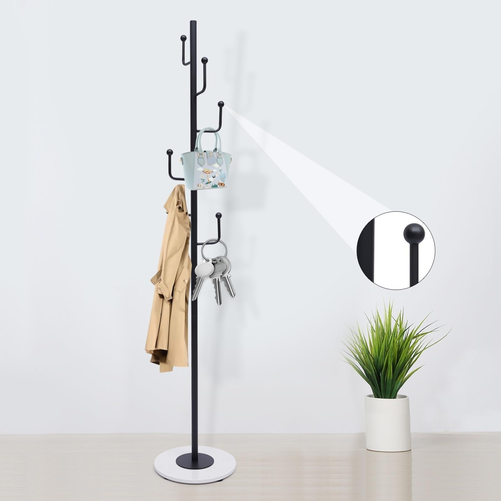 Freistehender Garderobenständer Garderobenständer, freistehend, modern, aus Metall, Flurgarderobe mit 6 Haken for Mäntel, Hüte, Taschen, Geldbörsen(Schwarz)
