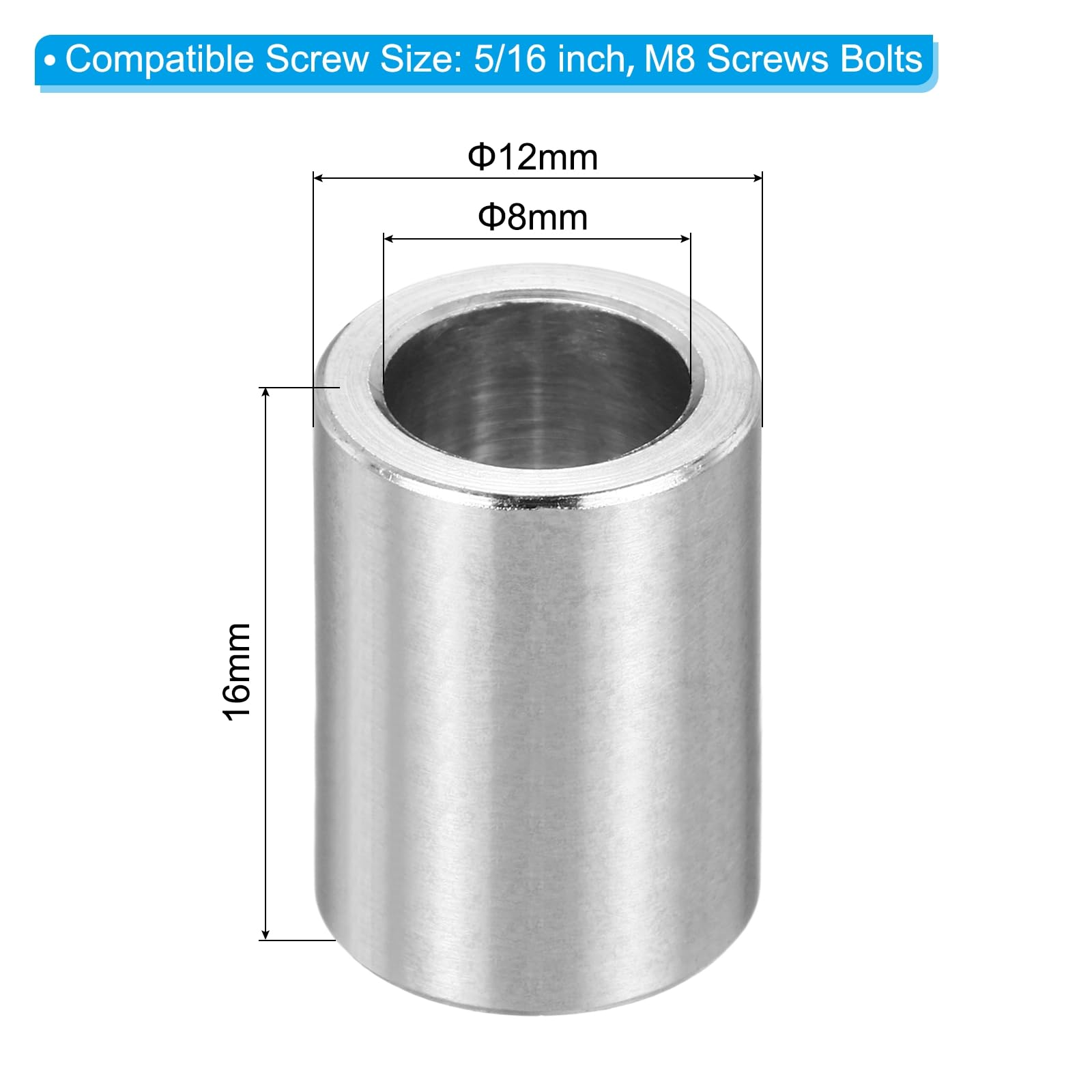 PATIKIL M8 Stainless Steel Spacers, 12Pcs Metal Spacer 8mm ID x 12mm OD x 16mm L Screw Standoff for 5/16" or M8 Screw - Image 2