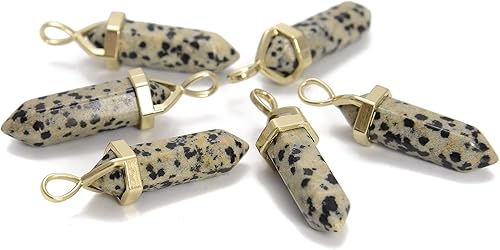 Miniatura 2 de JM Design Péndulo de jaspe dálmata chapado en oro con punto curativo de curación, 0.315 x 1.575 in, 6 unidades por bolsa para hacer joyas
