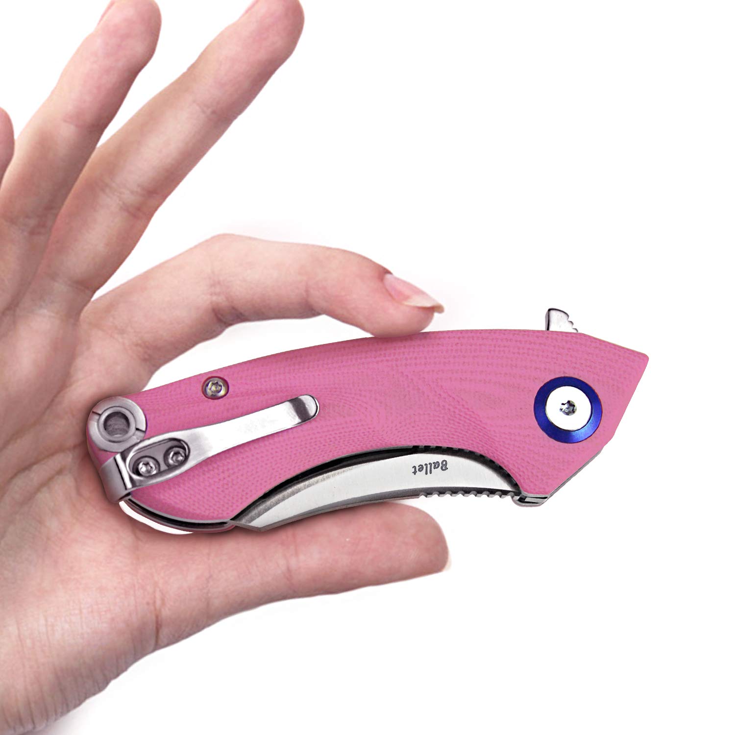 Harnds Outdoor Cuchillo Plegable Hoja Sandvik 14C28N Cuchillo de Camping con Clip de Bolsillo Mango G10 Cuchillo de Camping con apertura de cremallera para la Supervivencia en el Camping (Rosa)