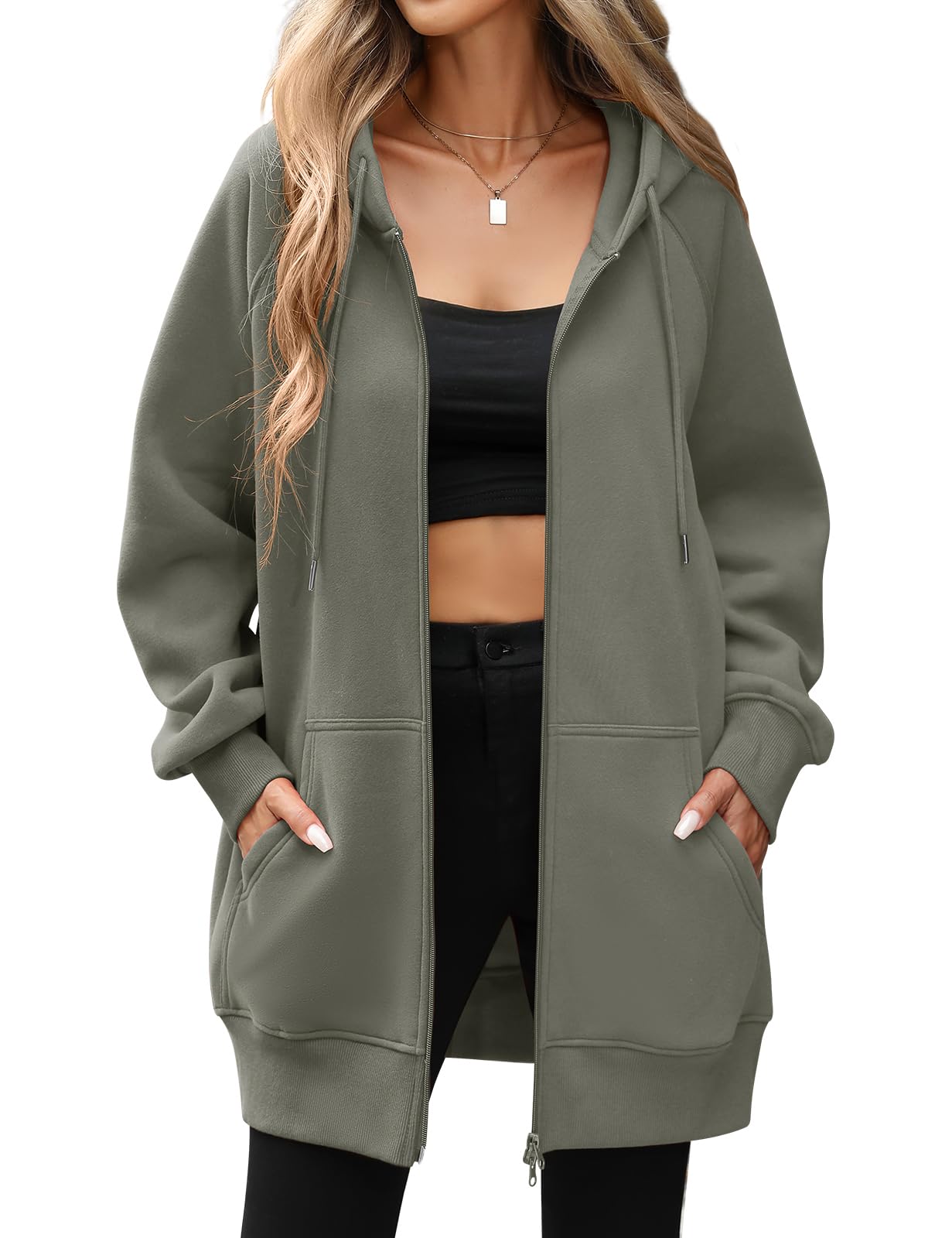 Vancavoo Sweats à Capuche Femme Zippé Polaire Veste Long Sweatshirt Automne | Doublure Polaire Légère, Coupe Ample, Manches Raglan, Zip Double Curseur, Bords Côtelés et Poches