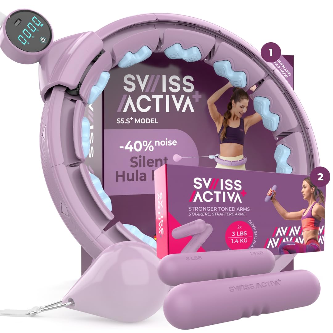 Swiss Activa+S5.S+ Silent Hula Hoop with Dumbbells 3lb -Hula Hoop up to 22-44in - Dumbbells 3lb Set -Fitness for Women