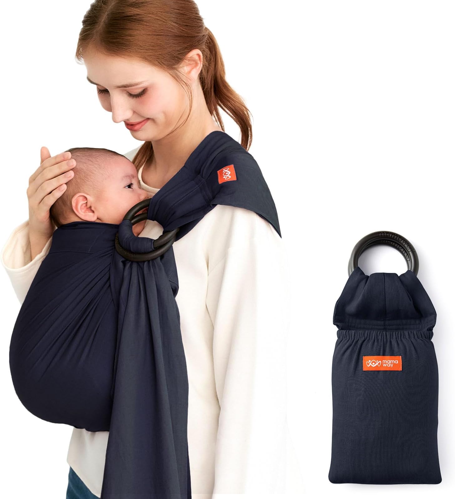 Mamaway Baby Ring Sling - Newborn Sling (Supports up to 165lbs), IHDI Certified, Rayon & Linen Made, Soft & Breathable, Nylon 66 Safety Rings, Storage Pocket Design, Navy